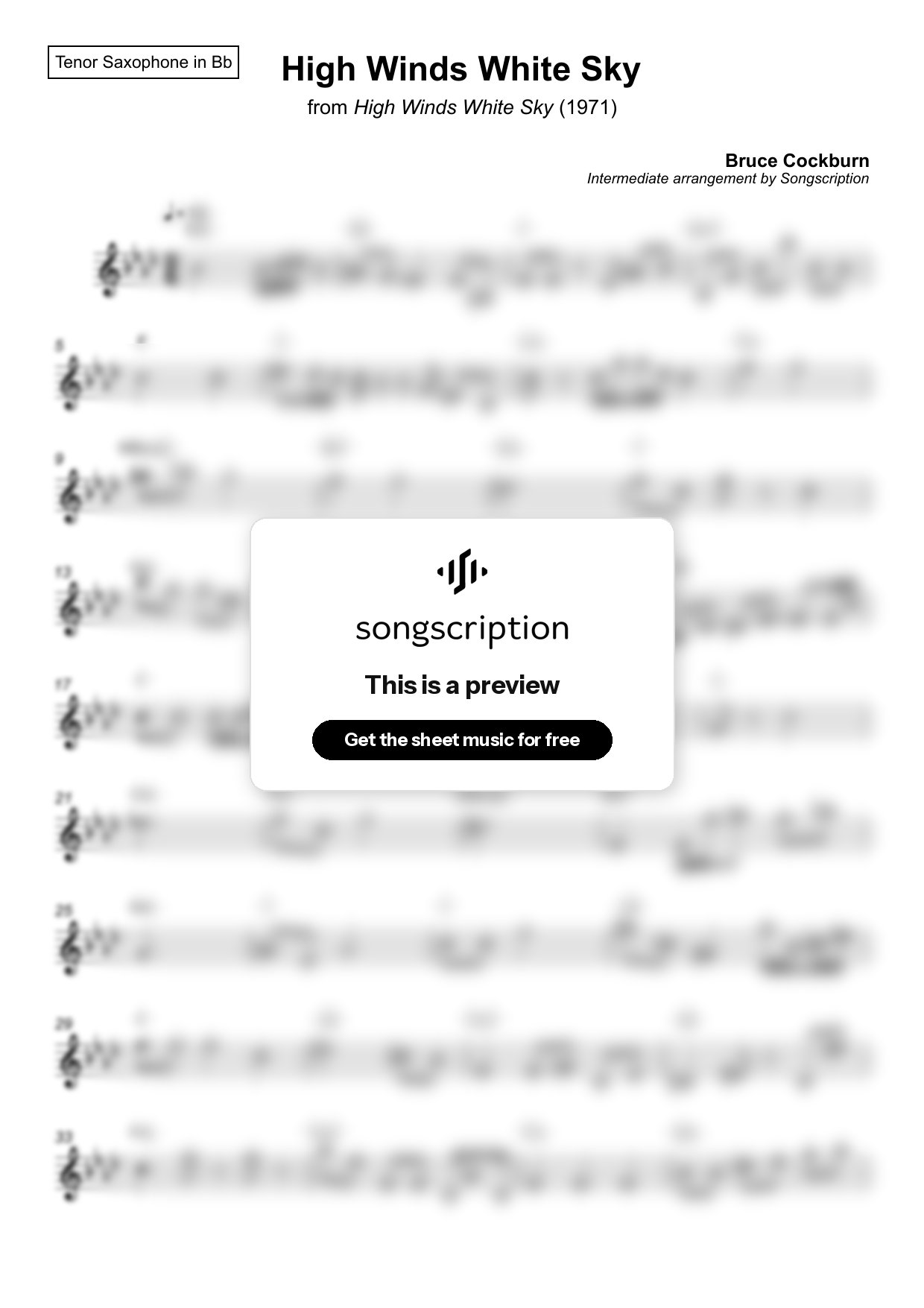 Intermediate Tenor Sax Sheet Music for "High Winds White Sky" by Bruce Cockburn