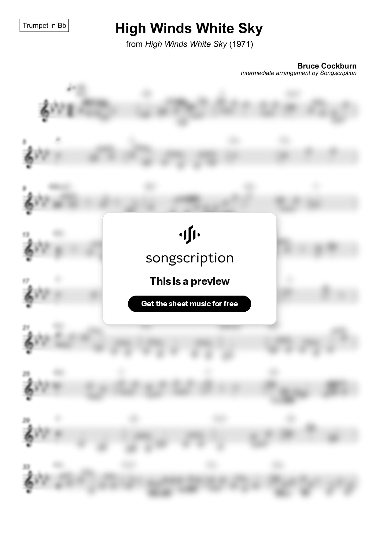 Intermediate Trumpet Sheet Music for "High Winds White Sky" by Bruce Cockburn