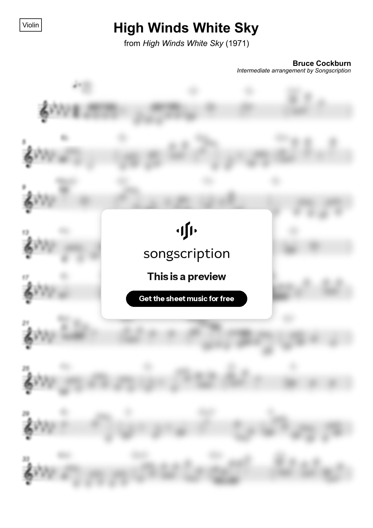 Intermediate Violin Sheet Music for "High Winds White Sky" by Bruce Cockburn