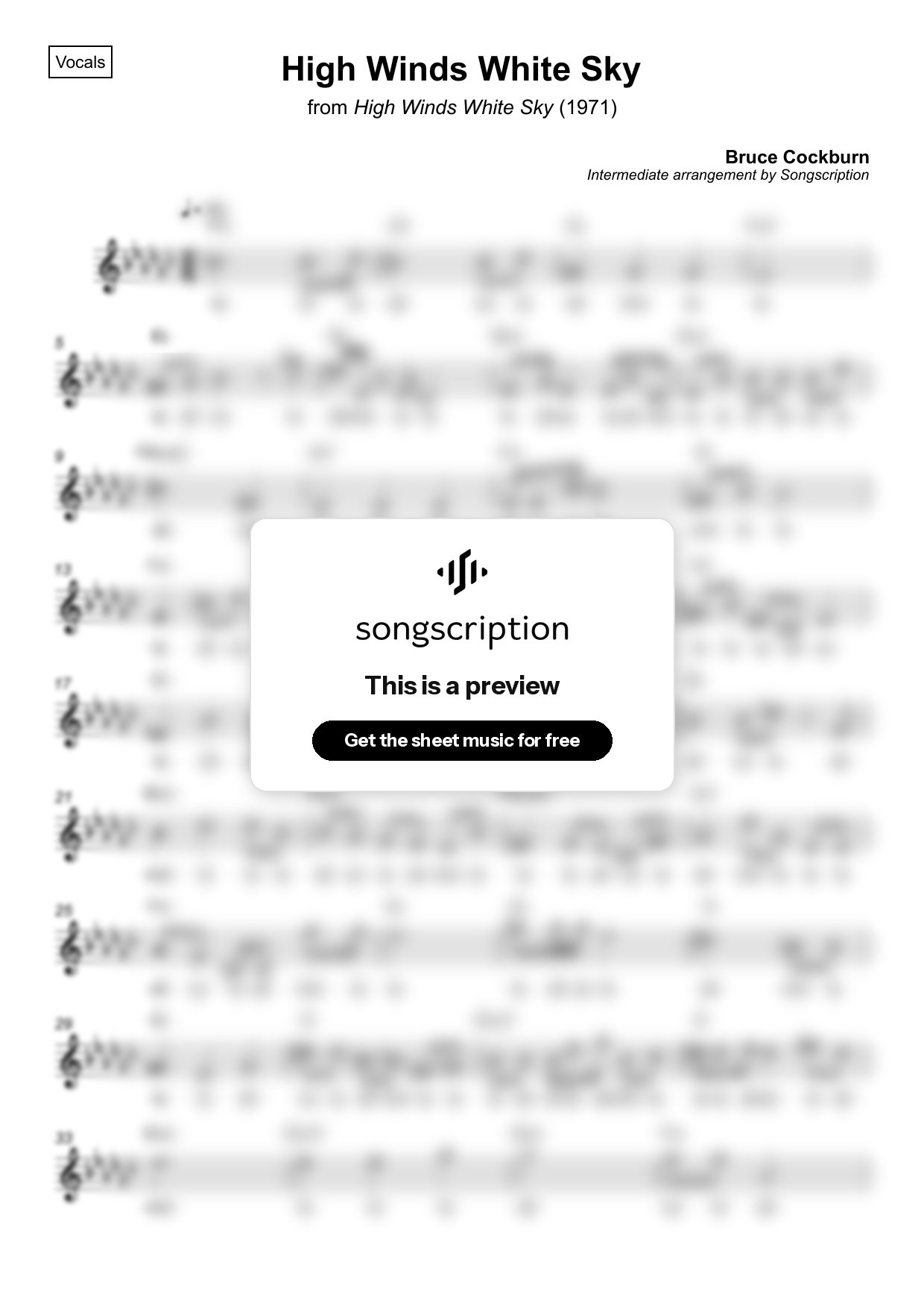 Intermediate Vocals Sheet Music for "High Winds White Sky" by Bruce Cockburn