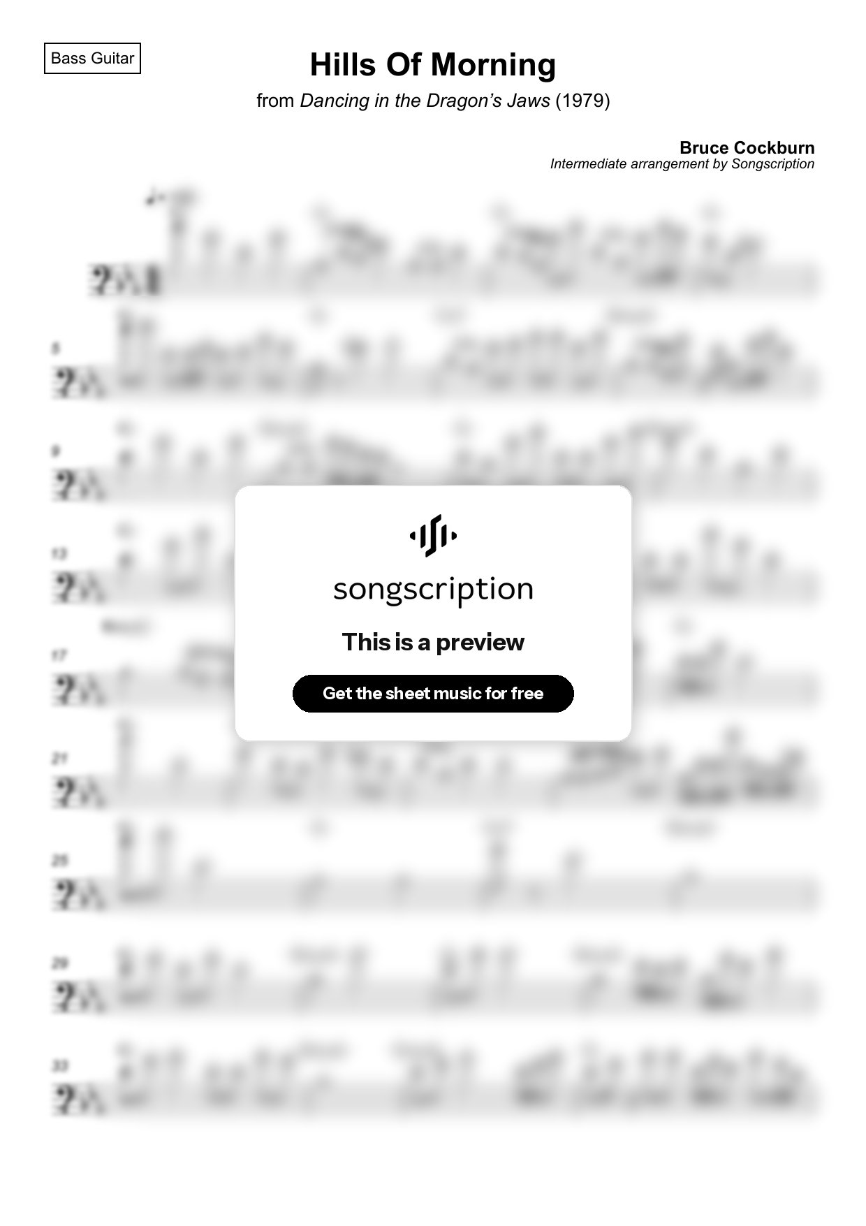 Intermediate Bass Guitar Sheet Music for "Hills Of Morning" by Bruce Cockburn