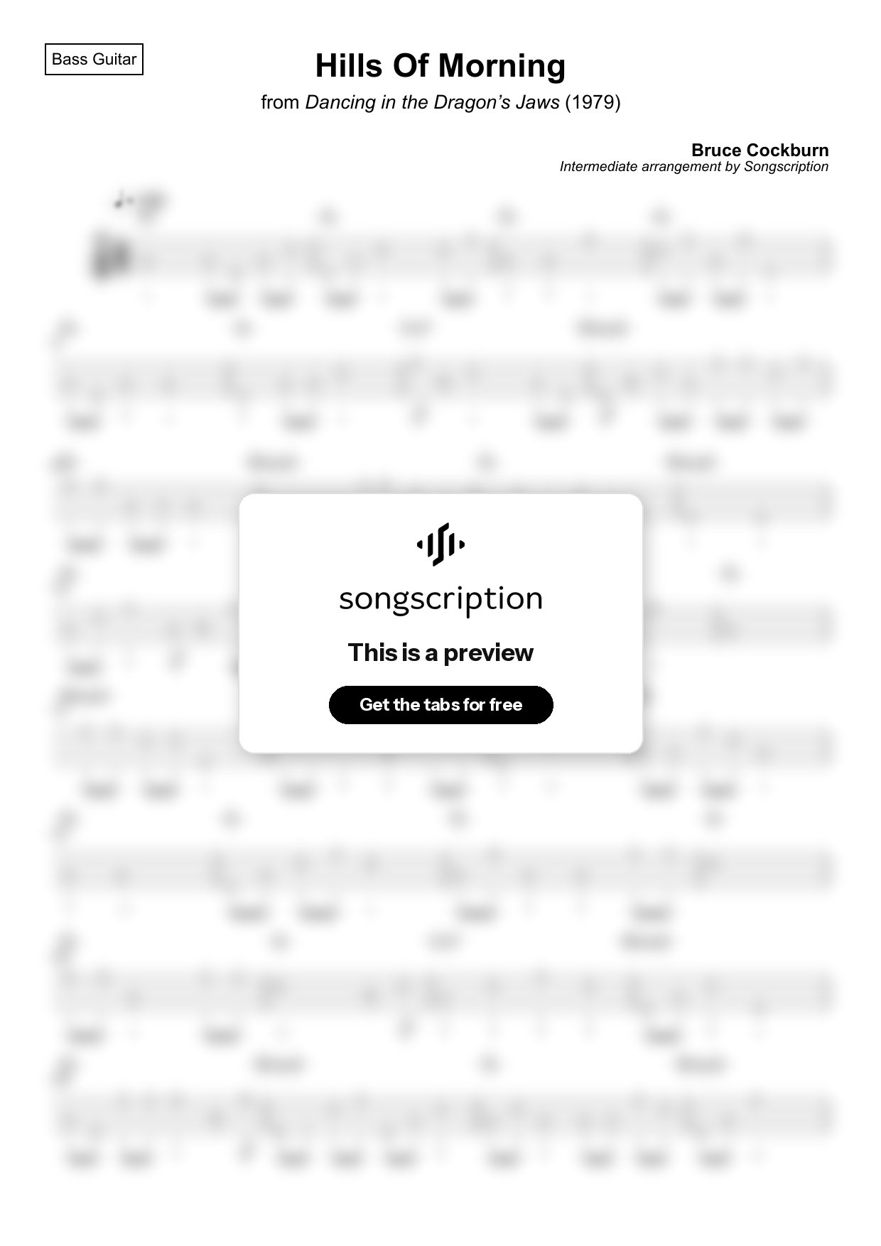 Intermediate Bass Guitar Tabs for "Hills Of Morning" by Bruce Cockburn