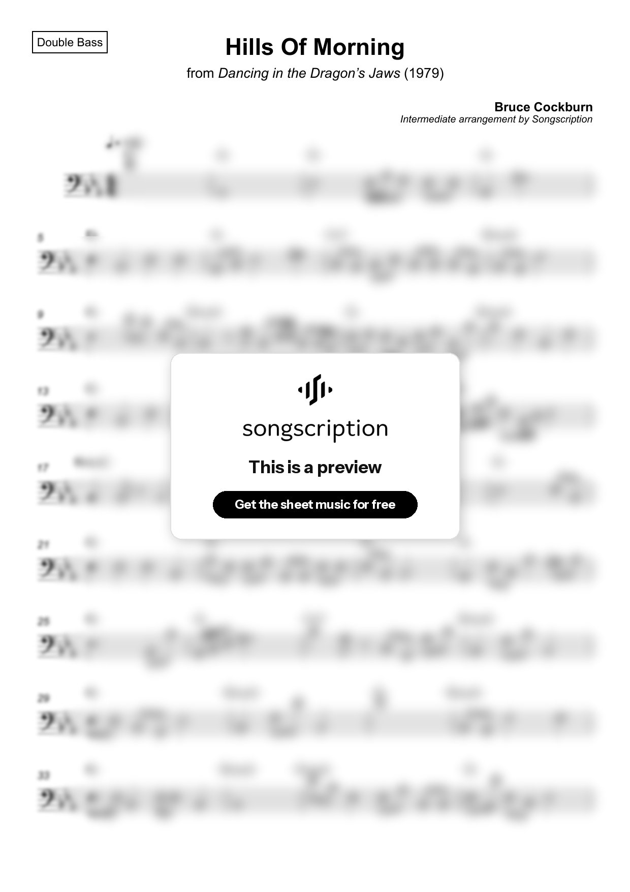 Intermediate Double Bass Sheet Music for "Hills Of Morning" by Bruce Cockburn