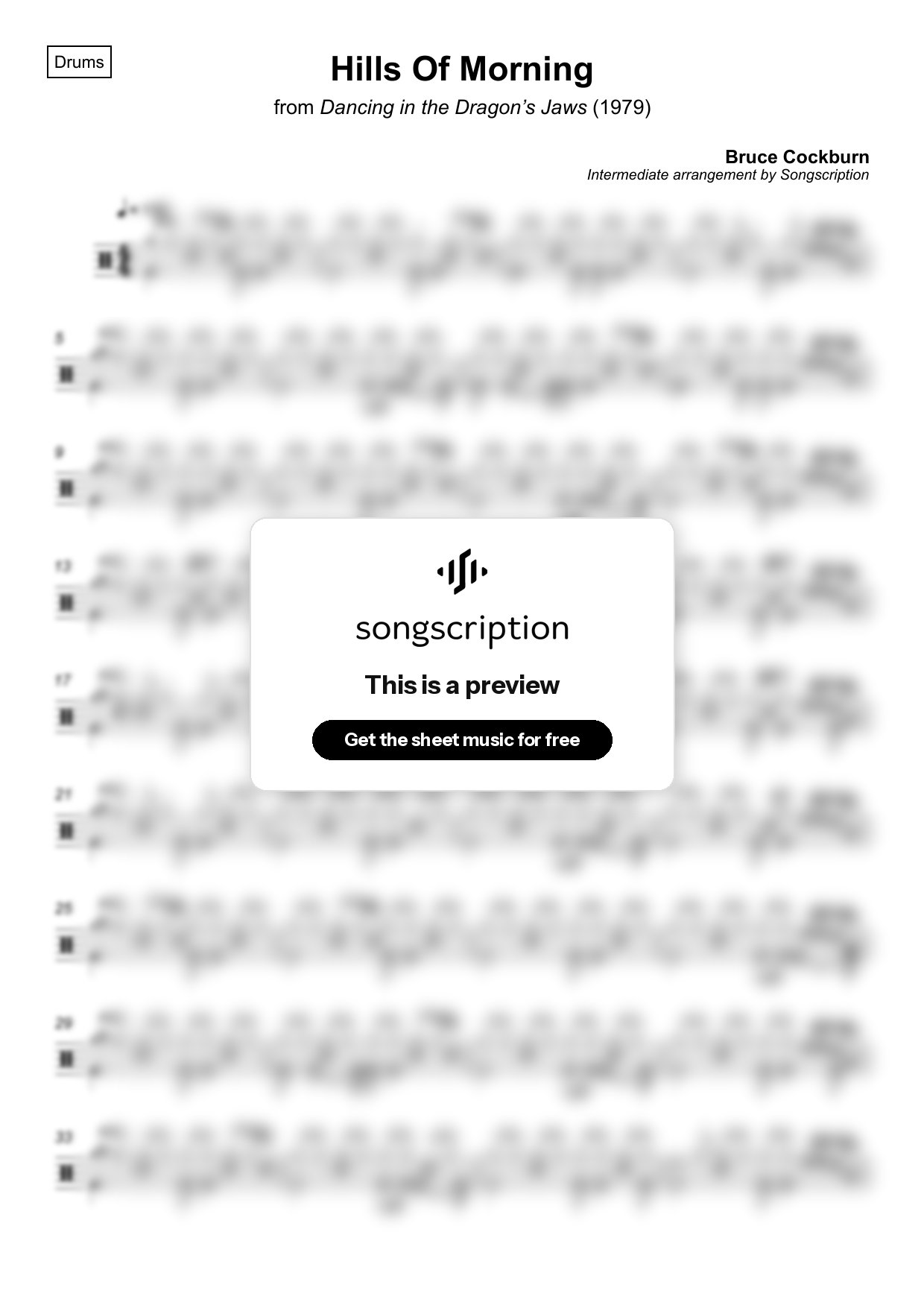 Intermediate Drums Sheet Music for "Hills Of Morning" by Bruce Cockburn