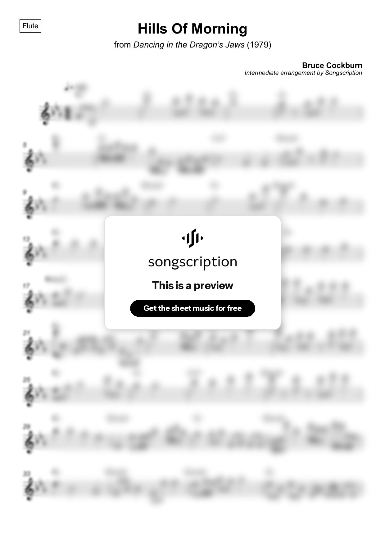 Intermediate Flute Sheet Music for "Hills Of Morning" by Bruce Cockburn
