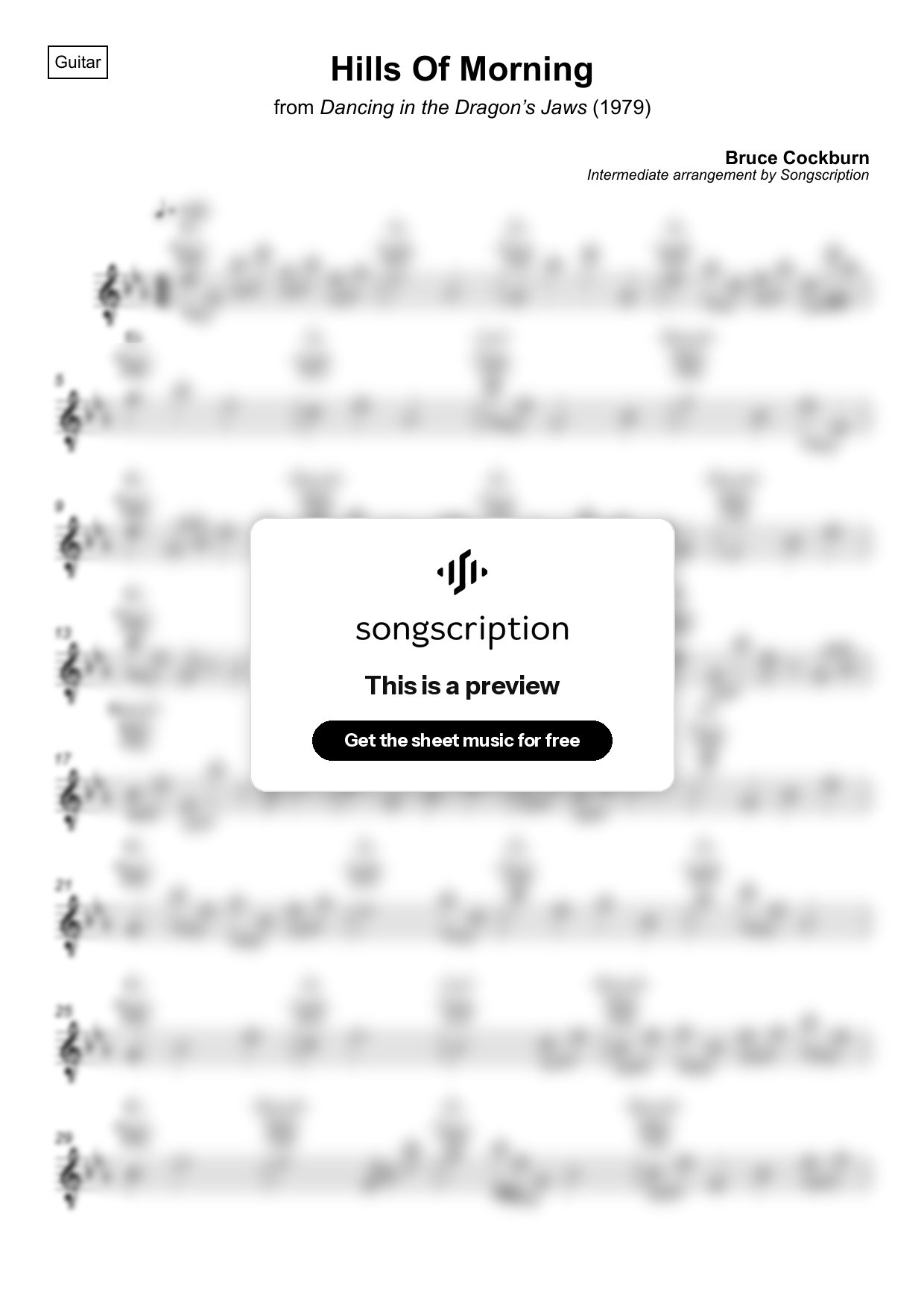 Intermediate Acoustic Guitar Sheet Music for "Hills Of Morning" by Bruce Cockburn