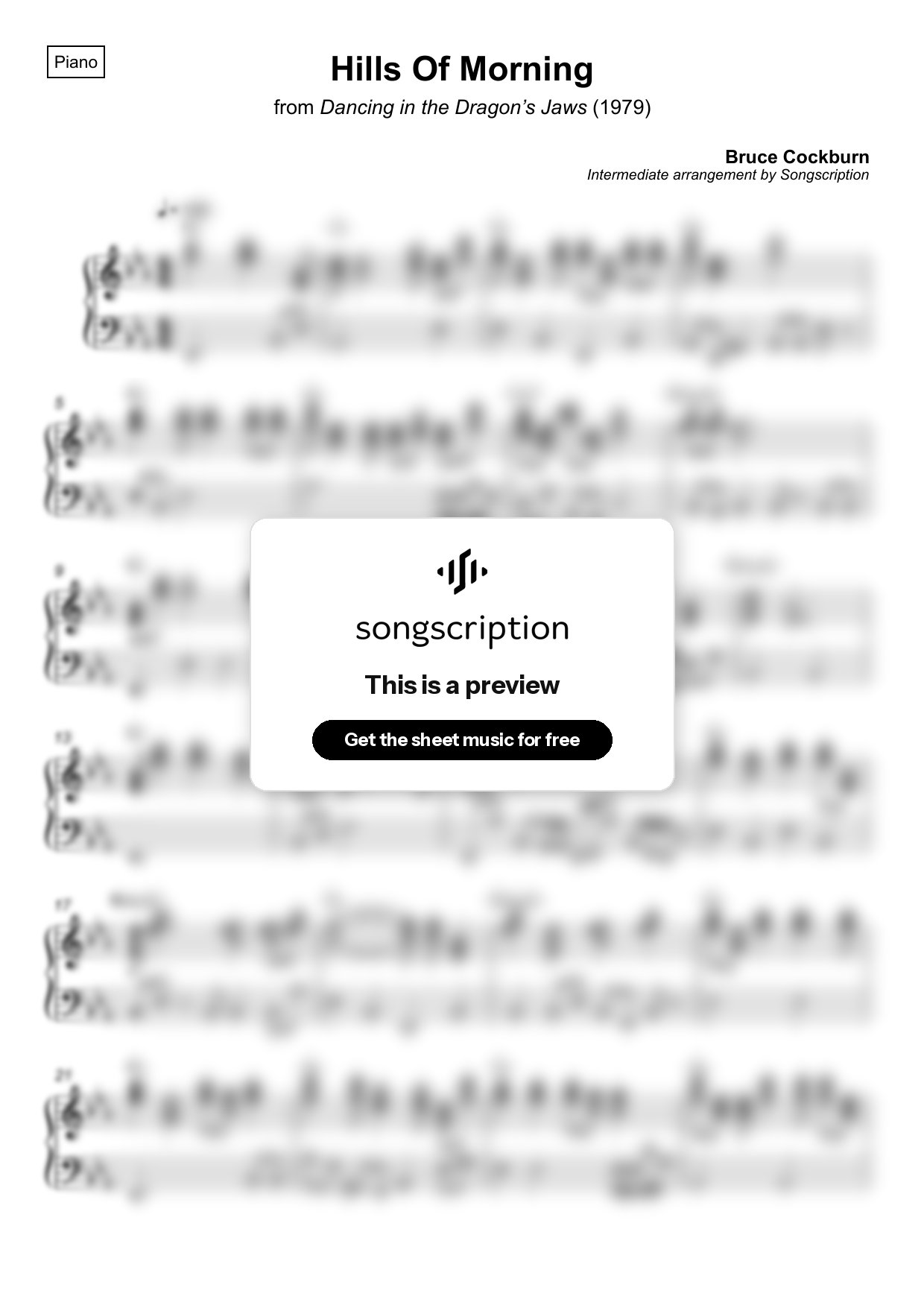 Intermediate Piano Sheet Music for "Hills Of Morning" by Bruce Cockburn