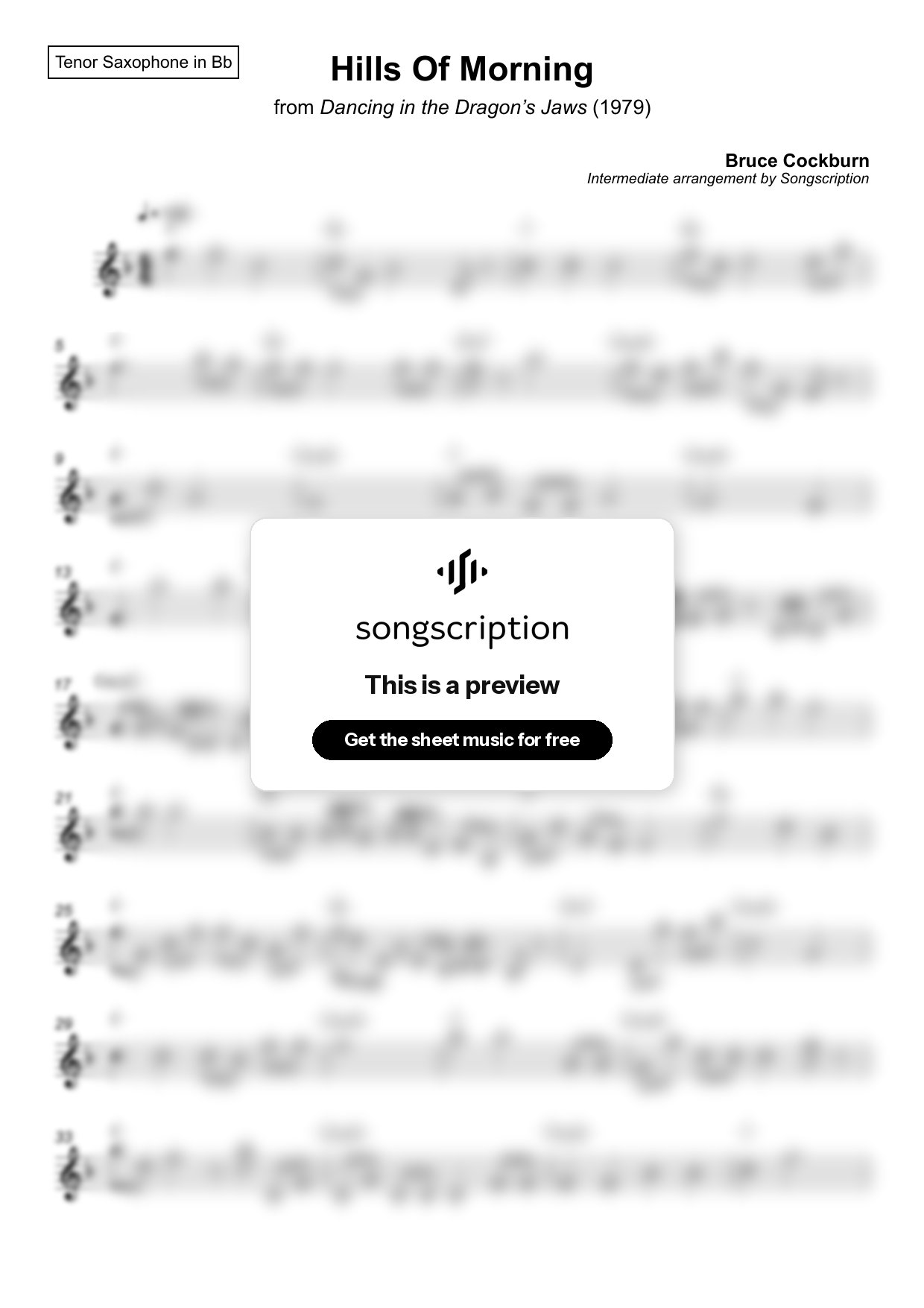 Intermediate Tenor Sax Sheet Music for "Hills Of Morning" by Bruce Cockburn