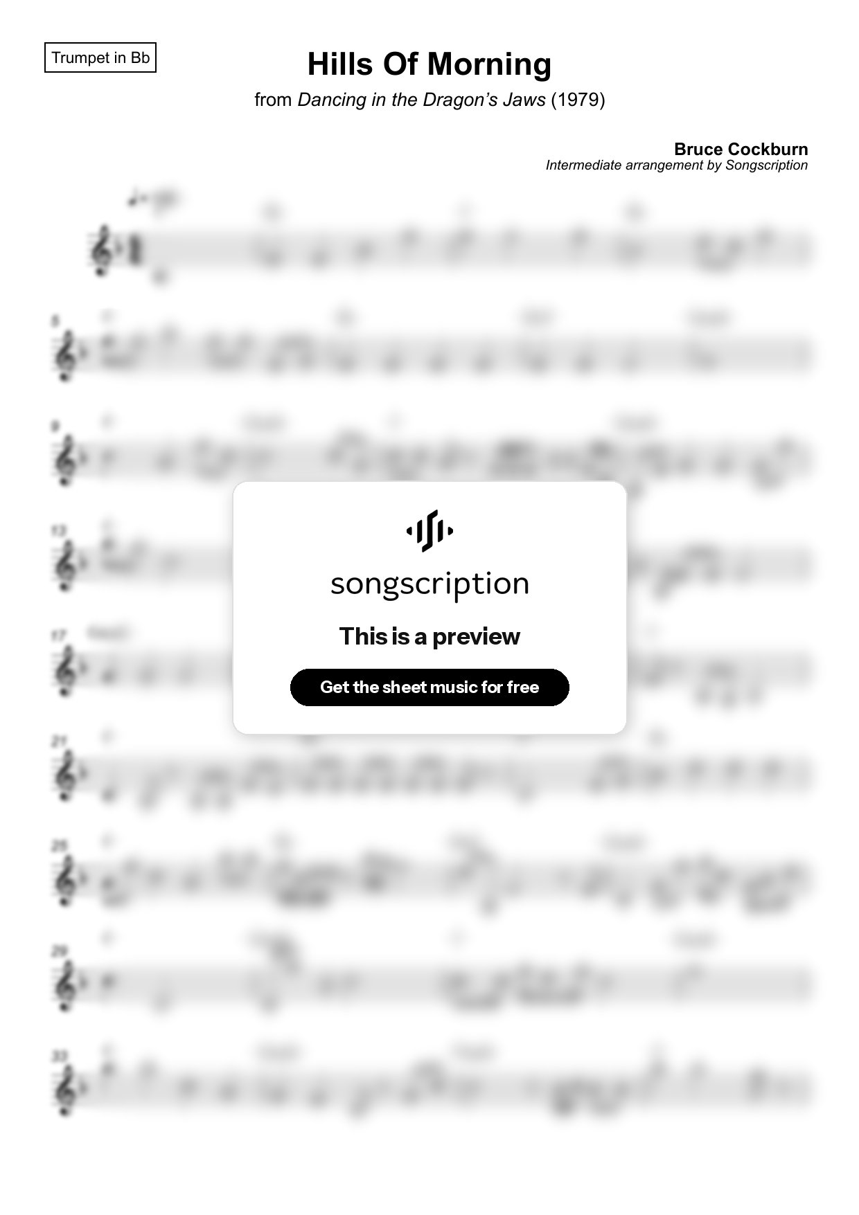 Intermediate Trumpet Sheet Music for "Hills Of Morning" by Bruce Cockburn