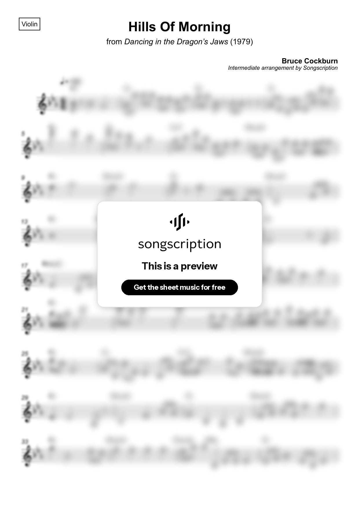 Intermediate Violin Sheet Music for "Hills Of Morning" by Bruce Cockburn