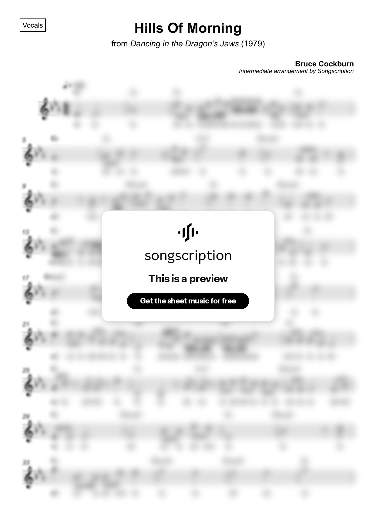 Intermediate Vocals Sheet Music for "Hills Of Morning" by Bruce Cockburn