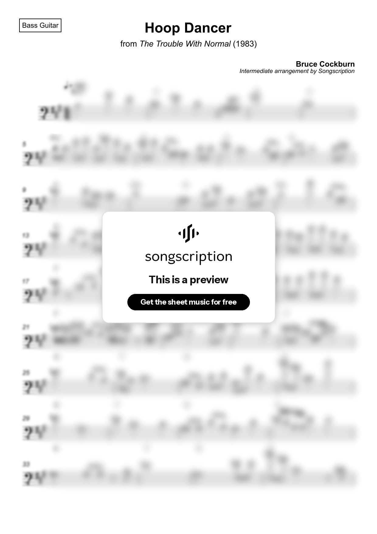Intermediate Bass Guitar Sheet Music for "Hoop Dancer" by Bruce Cockburn