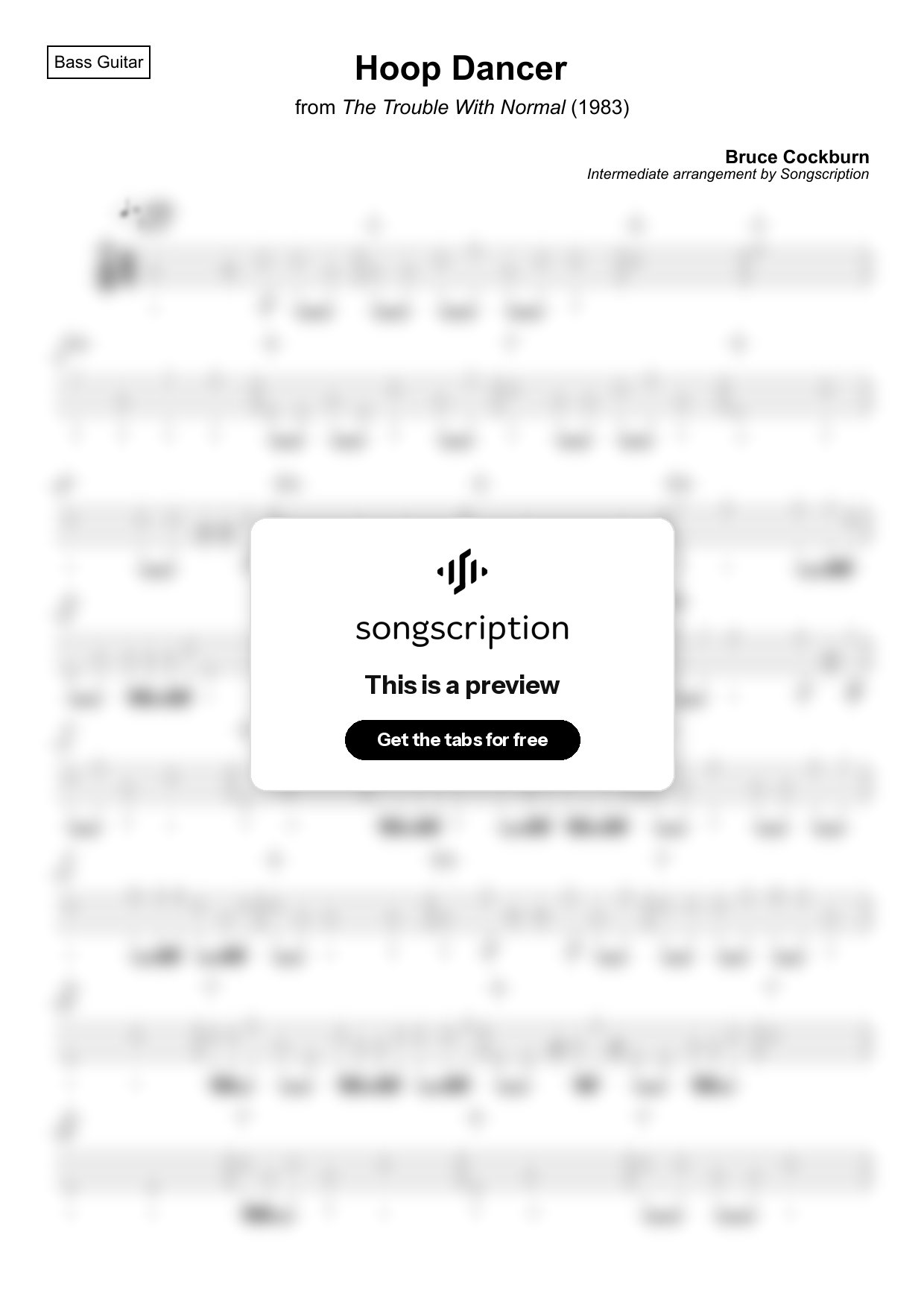 Intermediate Bass Guitar Tabs for "Hoop Dancer" by Bruce Cockburn