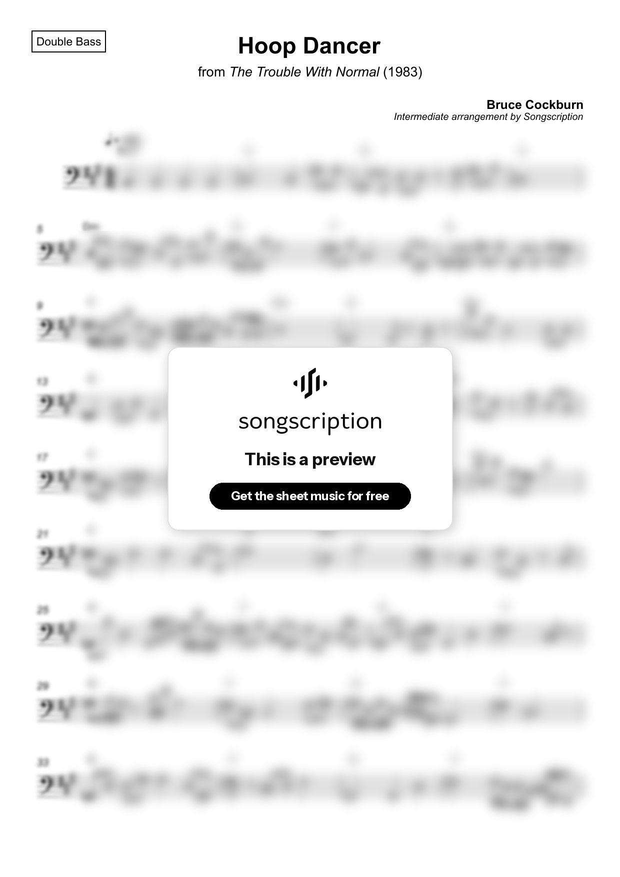 Intermediate Double Bass Sheet Music for "Hoop Dancer" by Bruce Cockburn