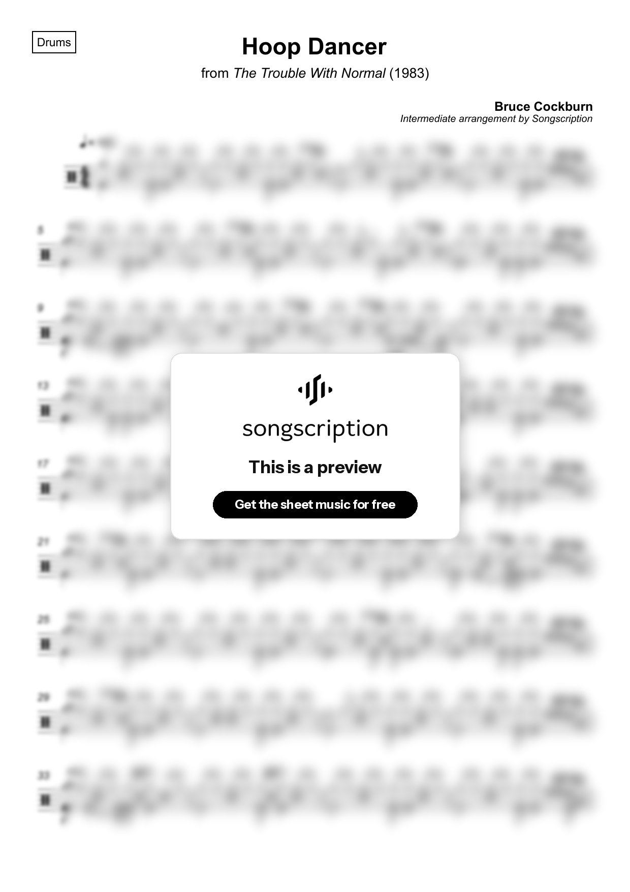 Intermediate Drums Sheet Music for "Hoop Dancer" by Bruce Cockburn