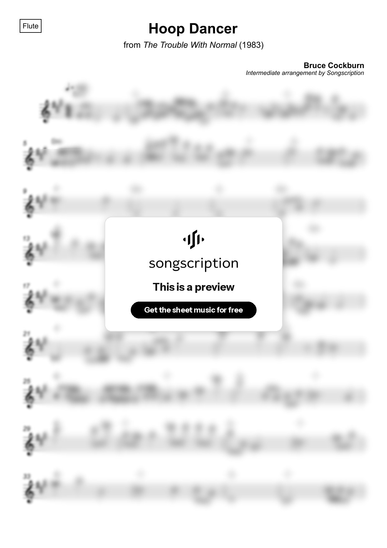 Intermediate Flute Sheet Music for "Hoop Dancer" by Bruce Cockburn