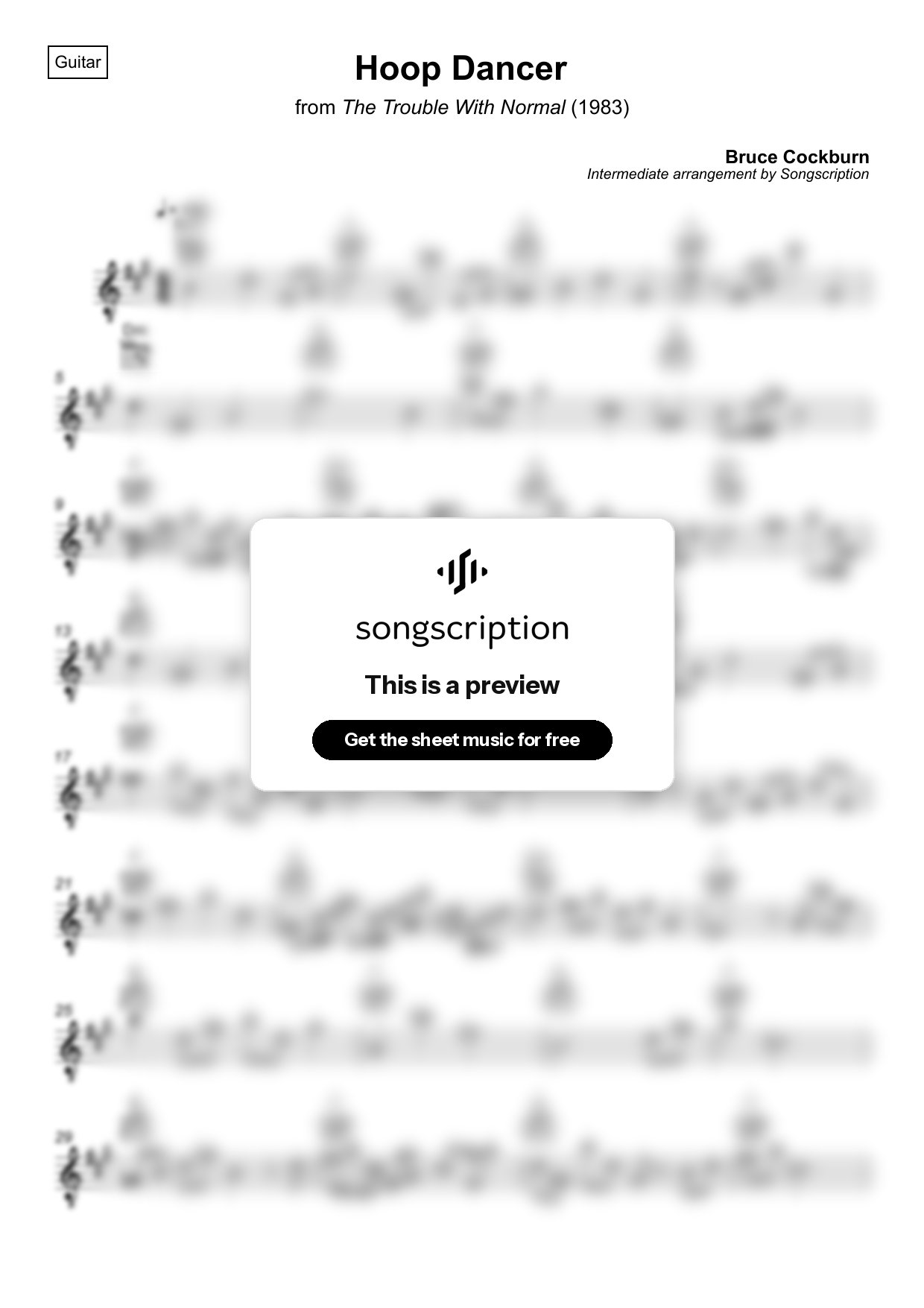 Intermediate Acoustic Guitar Sheet Music for "Hoop Dancer" by Bruce Cockburn
