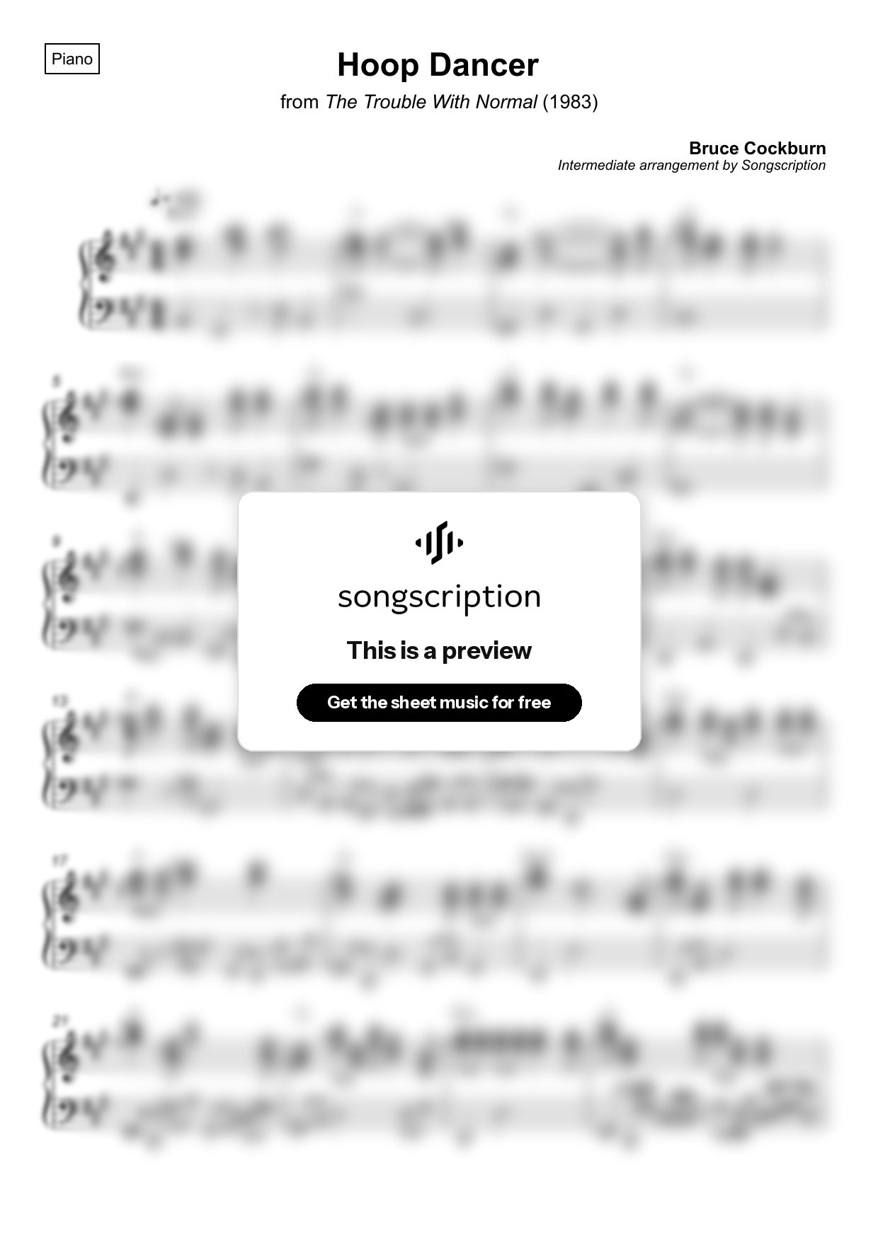 Intermediate Piano Sheet Music for "Hoop Dancer" by Bruce Cockburn