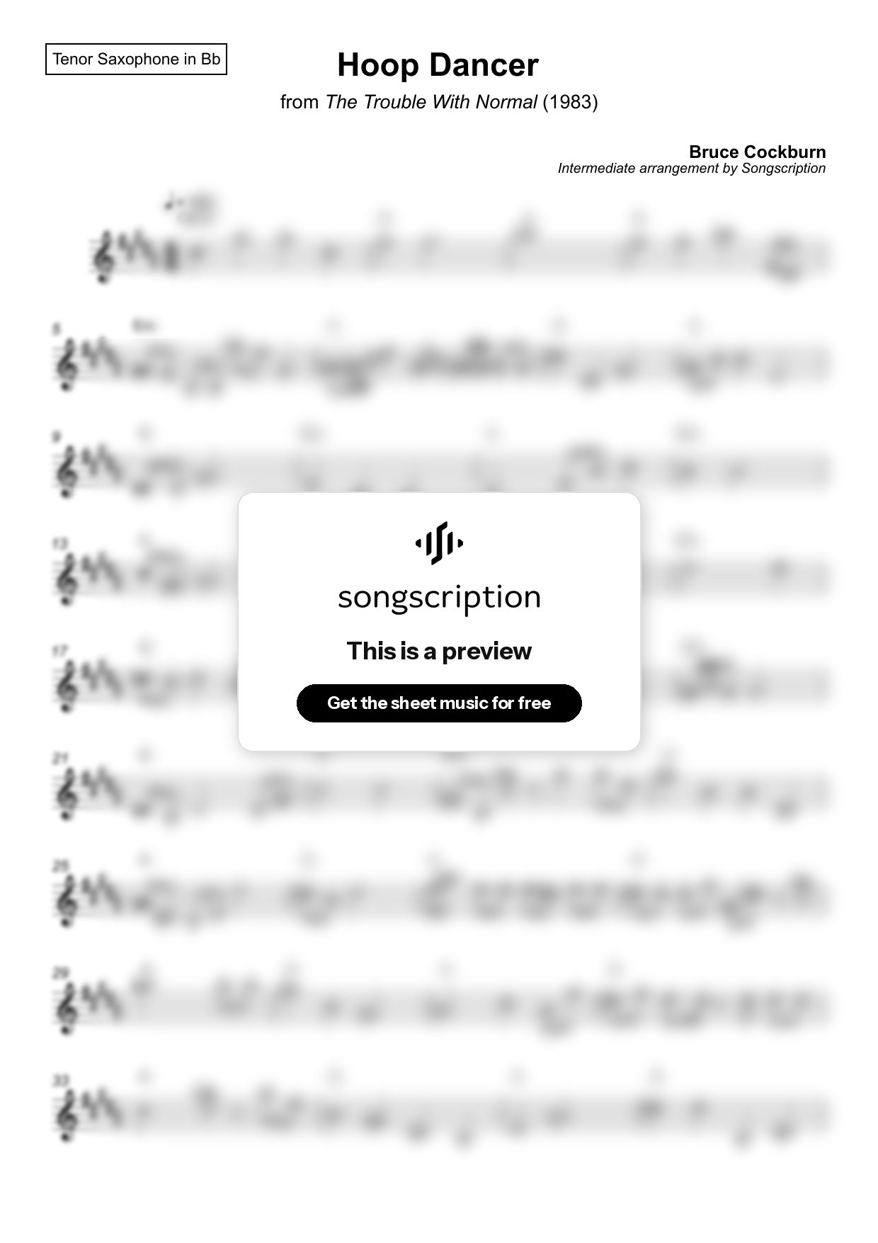 Intermediate Tenor Sax Sheet Music for "Hoop Dancer" by Bruce Cockburn