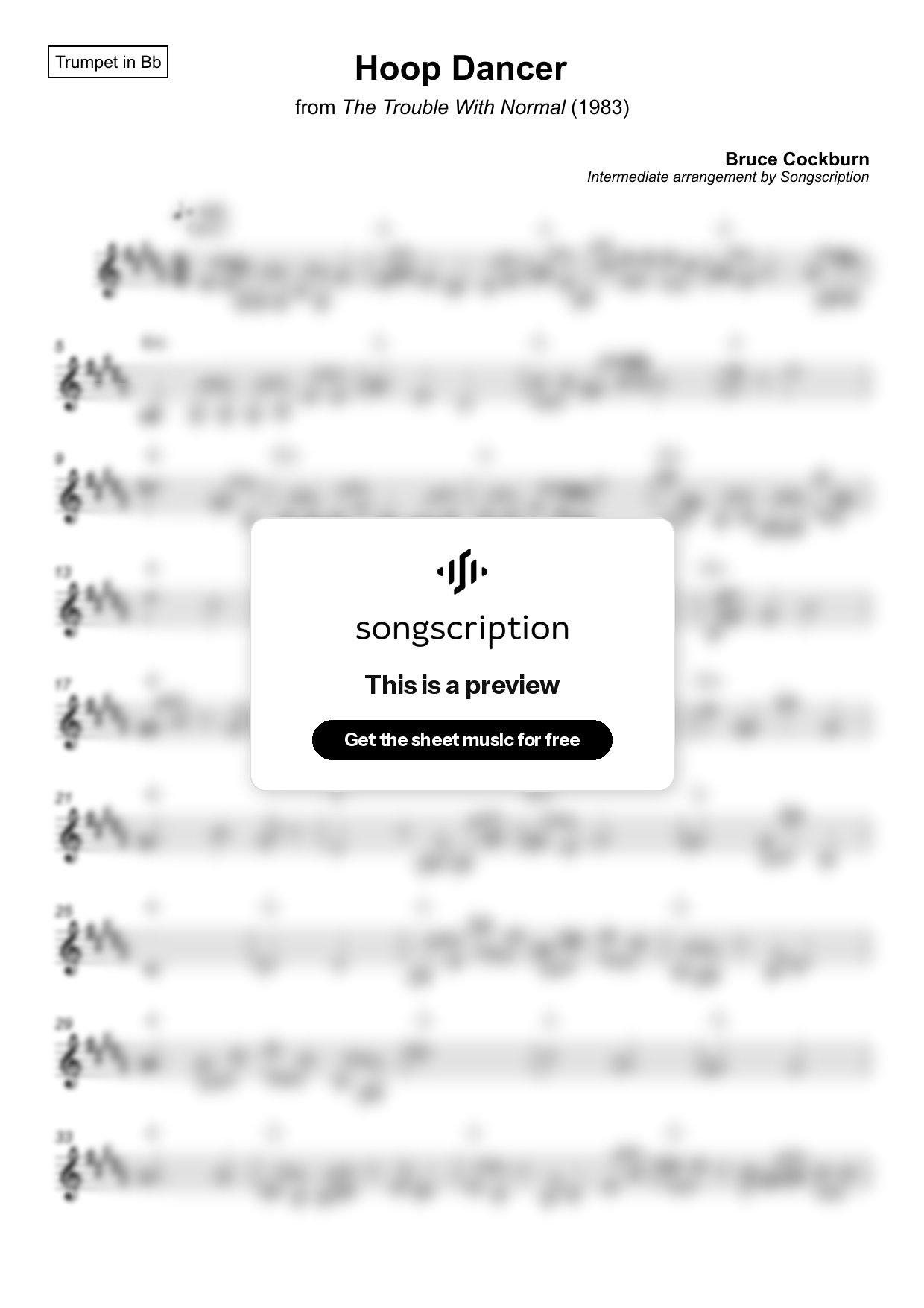 Intermediate Trumpet Sheet Music for "Hoop Dancer" by Bruce Cockburn