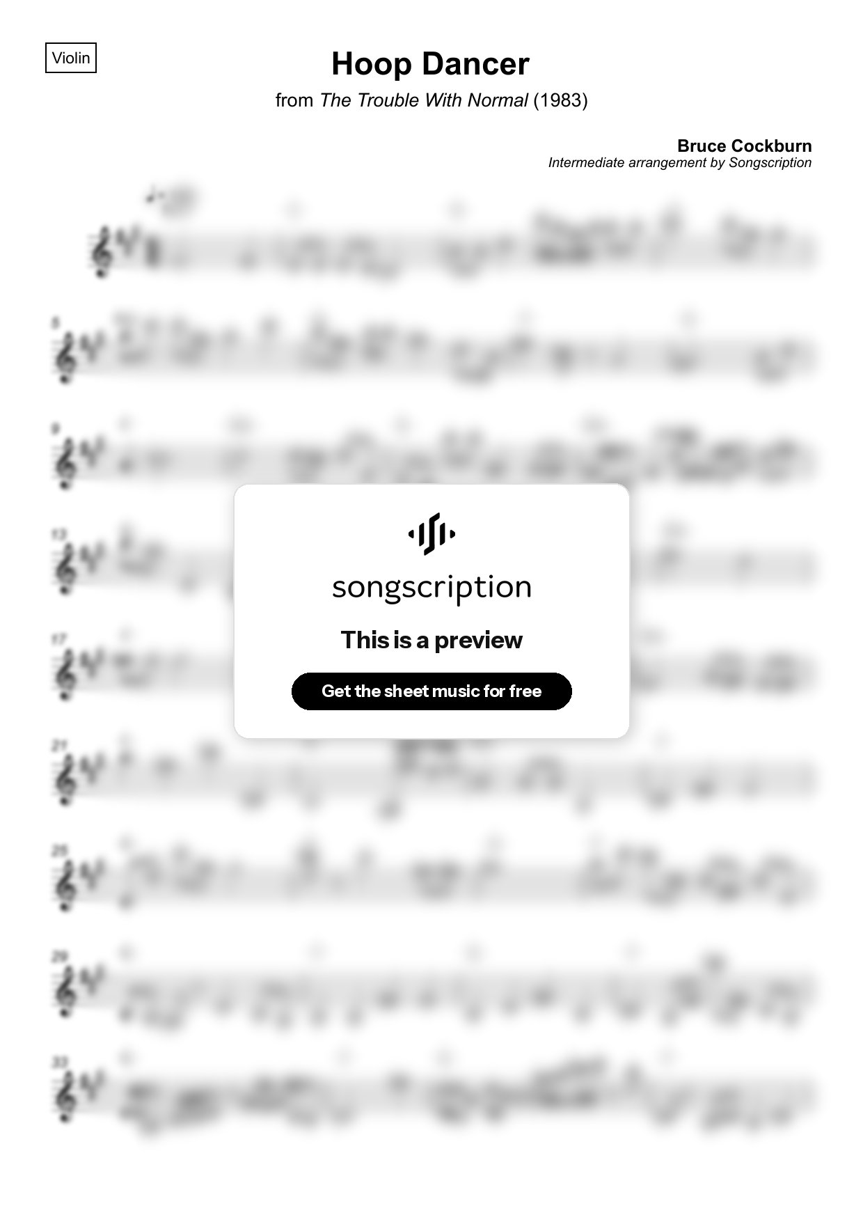 Intermediate Violin Sheet Music for "Hoop Dancer" by Bruce Cockburn