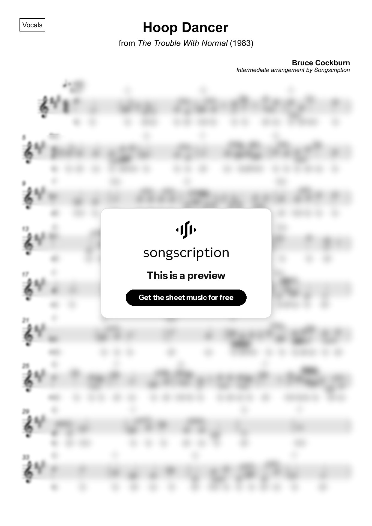 Intermediate Vocals Sheet Music for "Hoop Dancer" by Bruce Cockburn