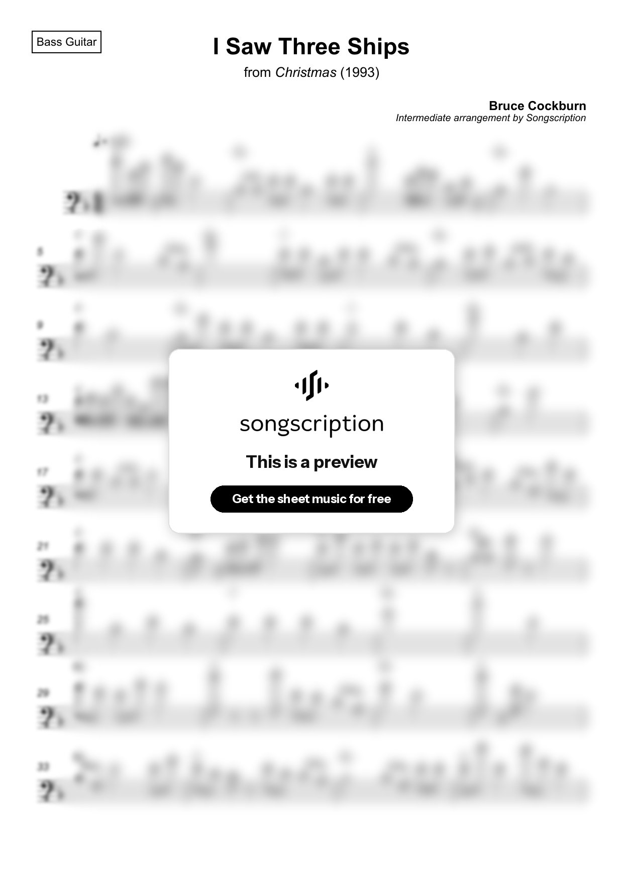Intermediate Bass Guitar Sheet Music for "I Saw Three Ships" by Bruce Cockburn
