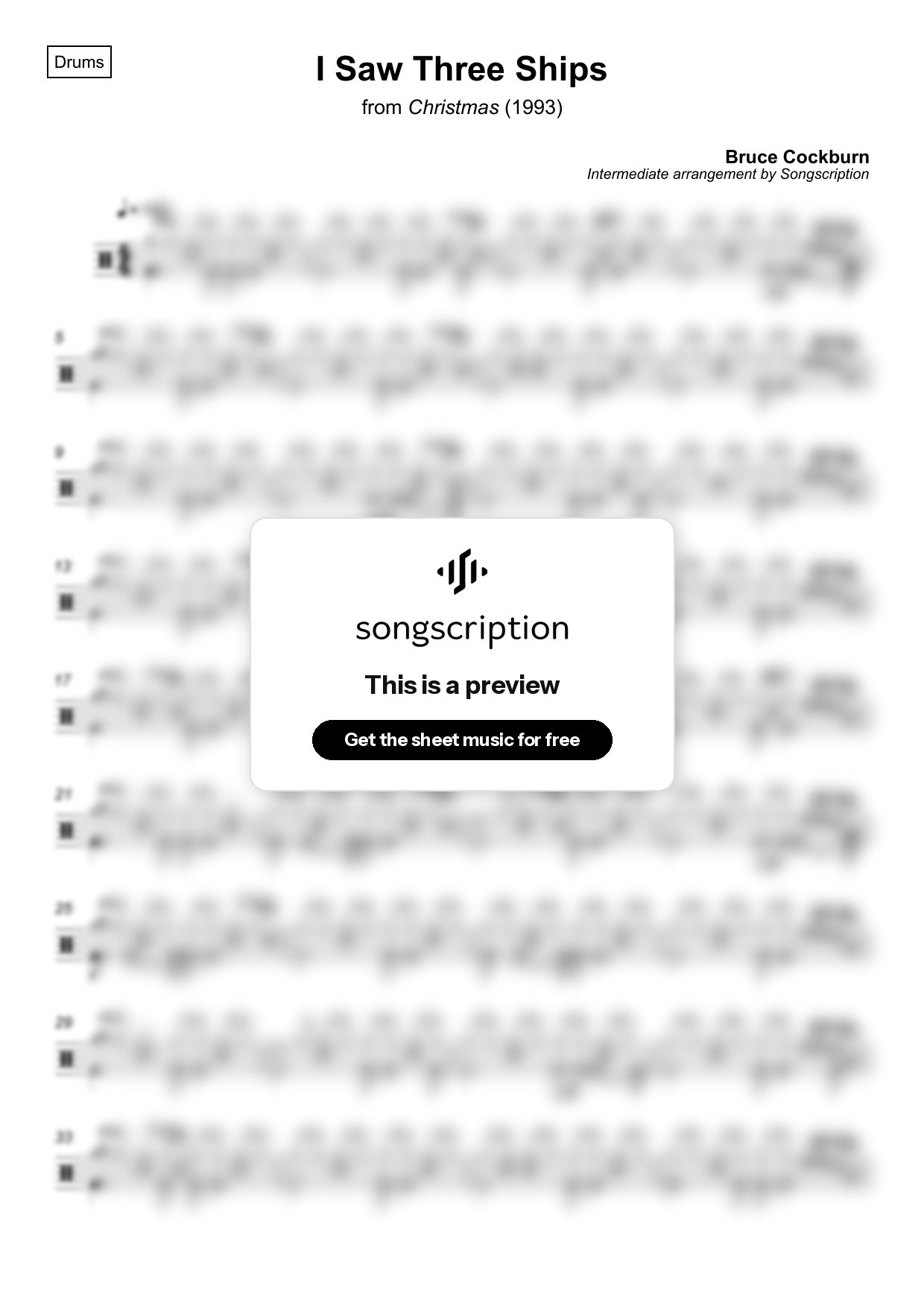 Intermediate Drums Sheet Music for "I Saw Three Ships" by Bruce Cockburn
