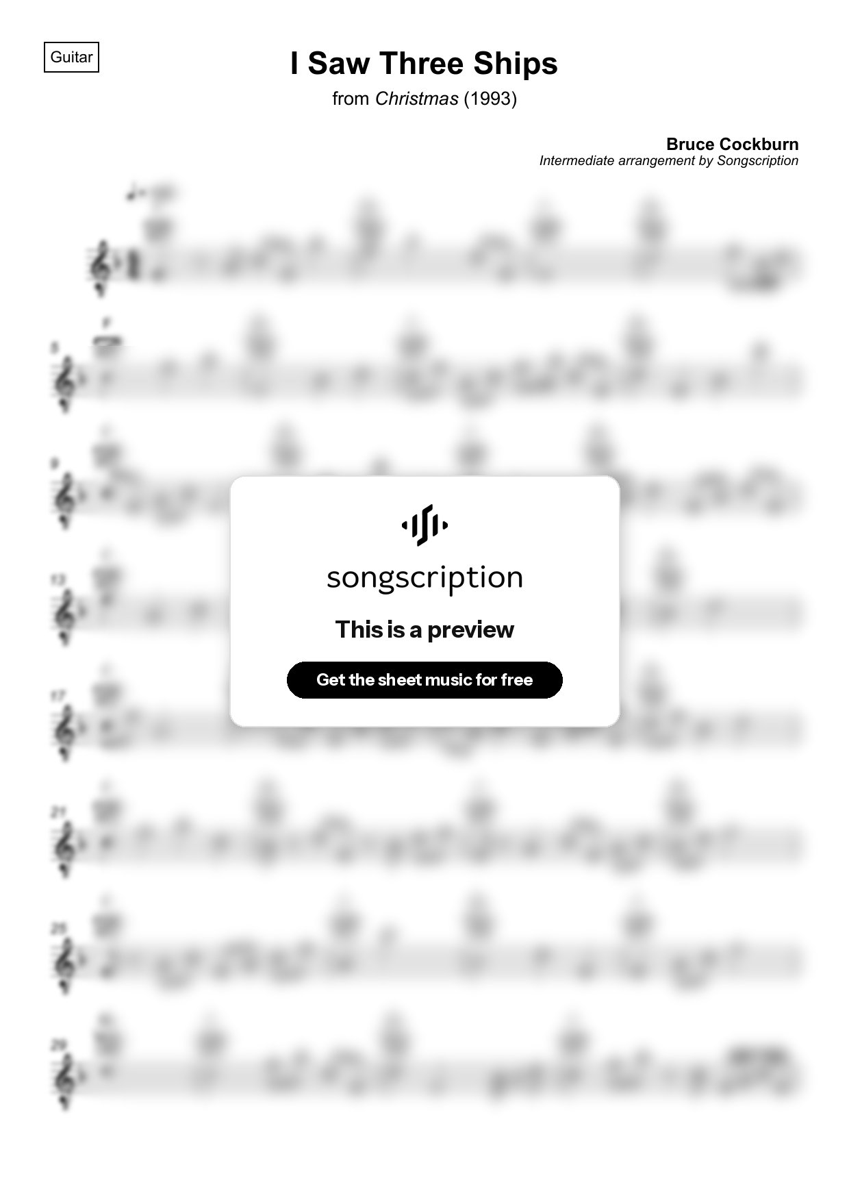 Intermediate Acoustic Guitar Sheet Music for "I Saw Three Ships" by Bruce Cockburn