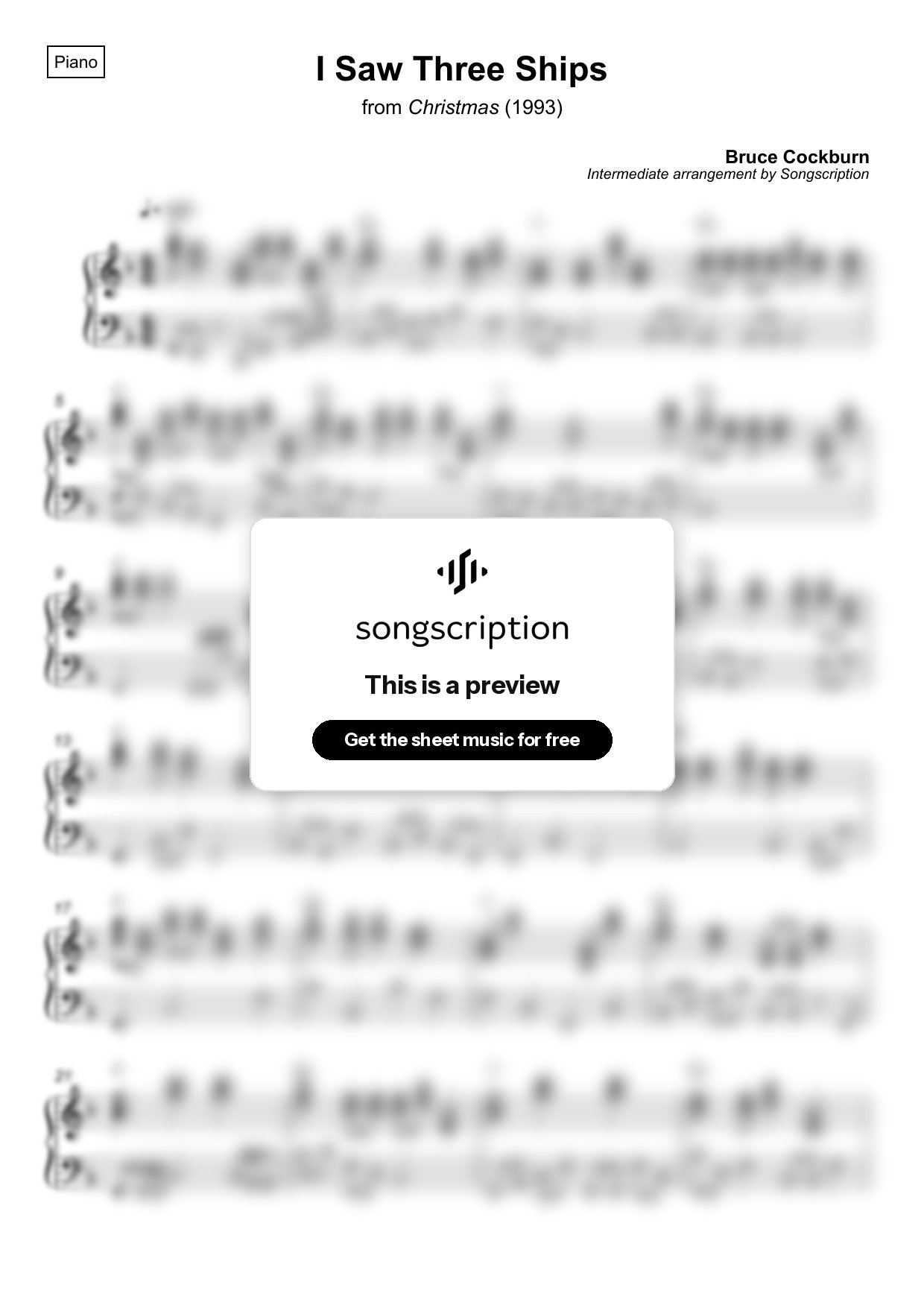 Intermediate Piano Sheet Music for "I Saw Three Ships" by Bruce Cockburn