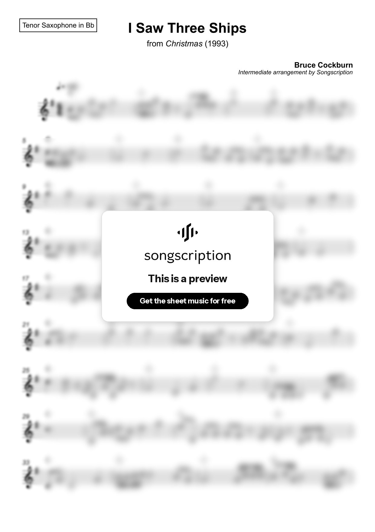 Intermediate Tenor Sax Sheet Music for "I Saw Three Ships" by Bruce Cockburn