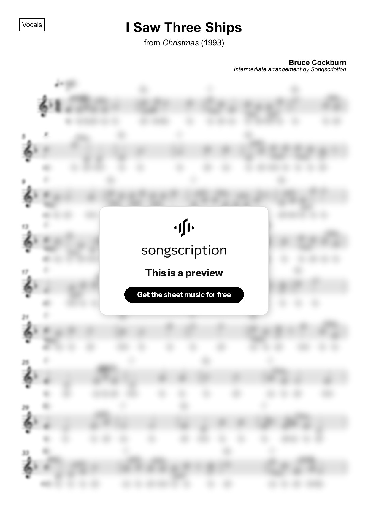 Intermediate Vocals Sheet Music for "I Saw Three Ships" by Bruce Cockburn
