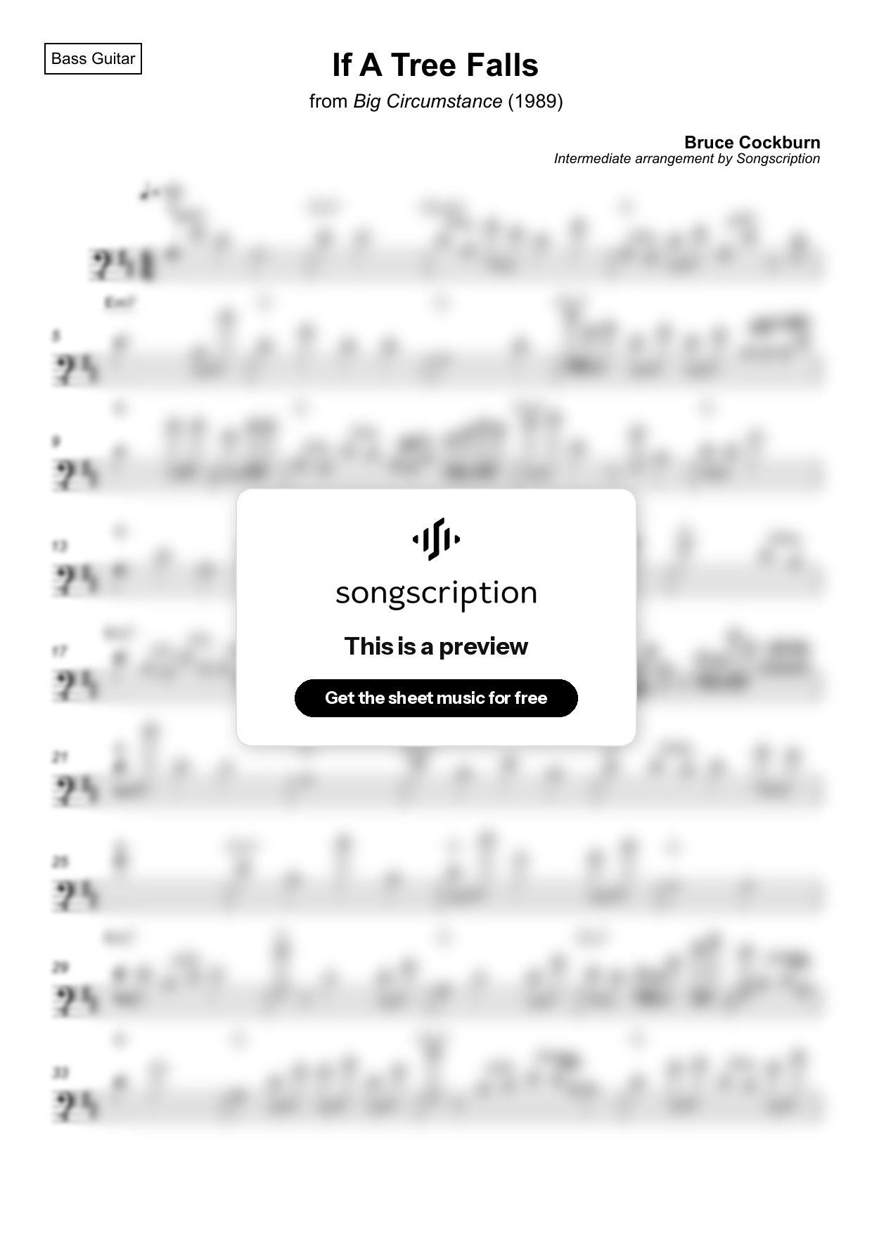 Intermediate Bass Guitar Sheet Music for "If A Tree Falls" by Bruce Cockburn