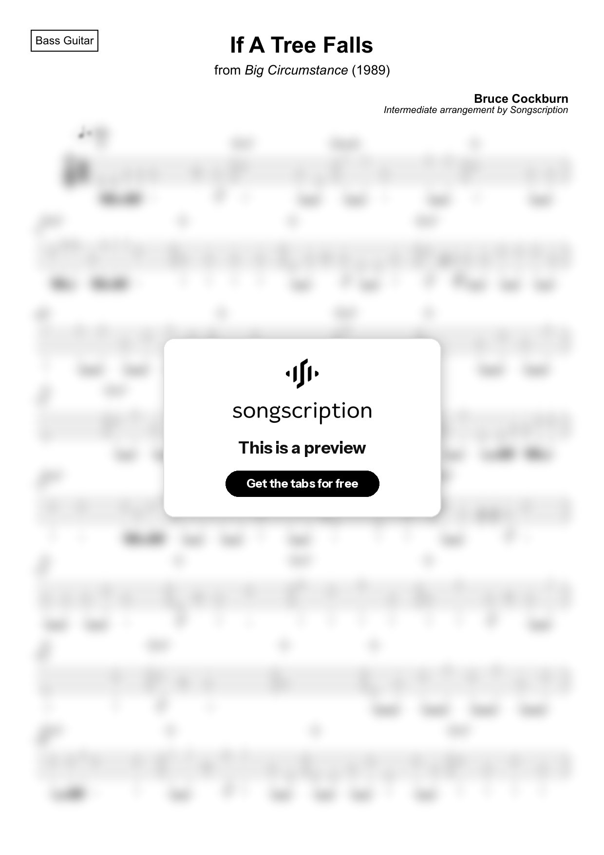 Intermediate Bass Guitar Tabs for "If A Tree Falls" by Bruce Cockburn