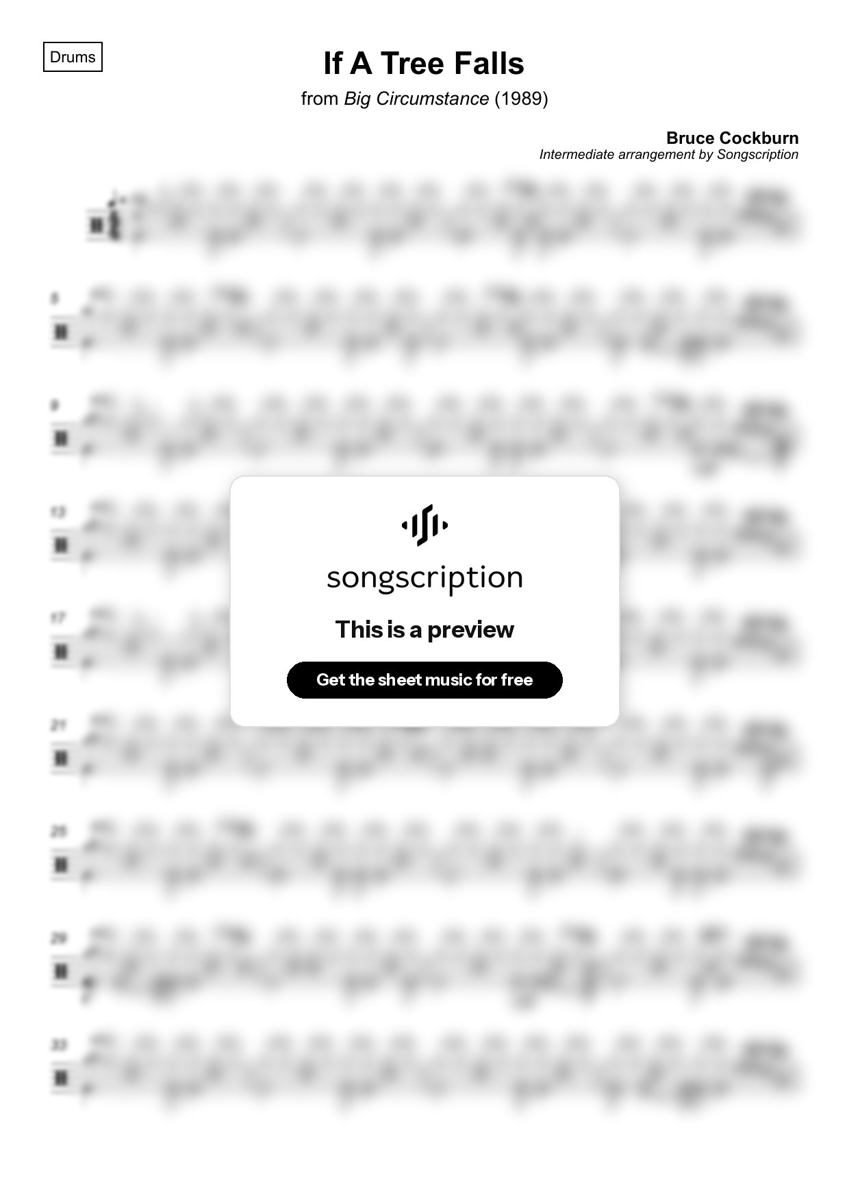 Intermediate Drums Sheet Music for "If A Tree Falls" by Bruce Cockburn