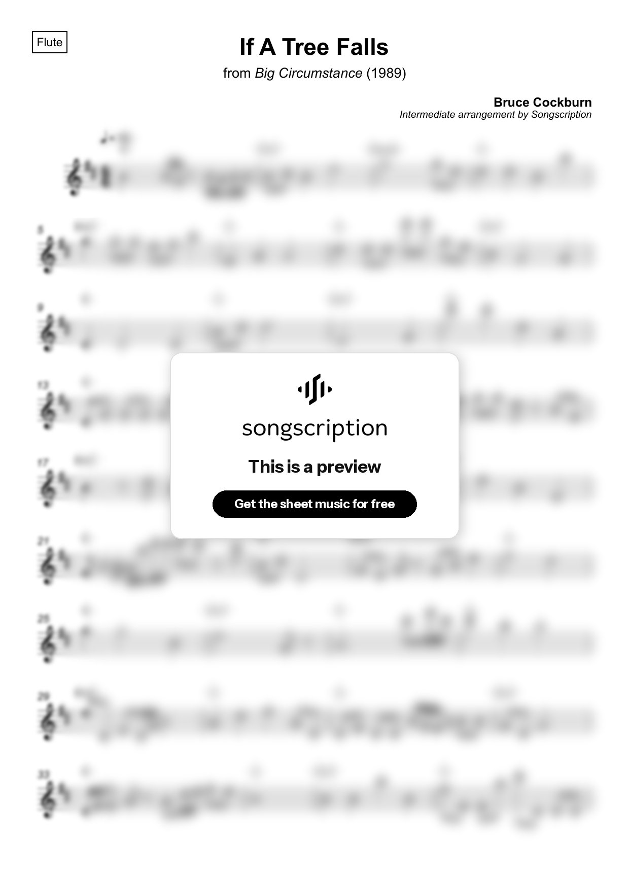Intermediate Flute Sheet Music for "If A Tree Falls" by Bruce Cockburn