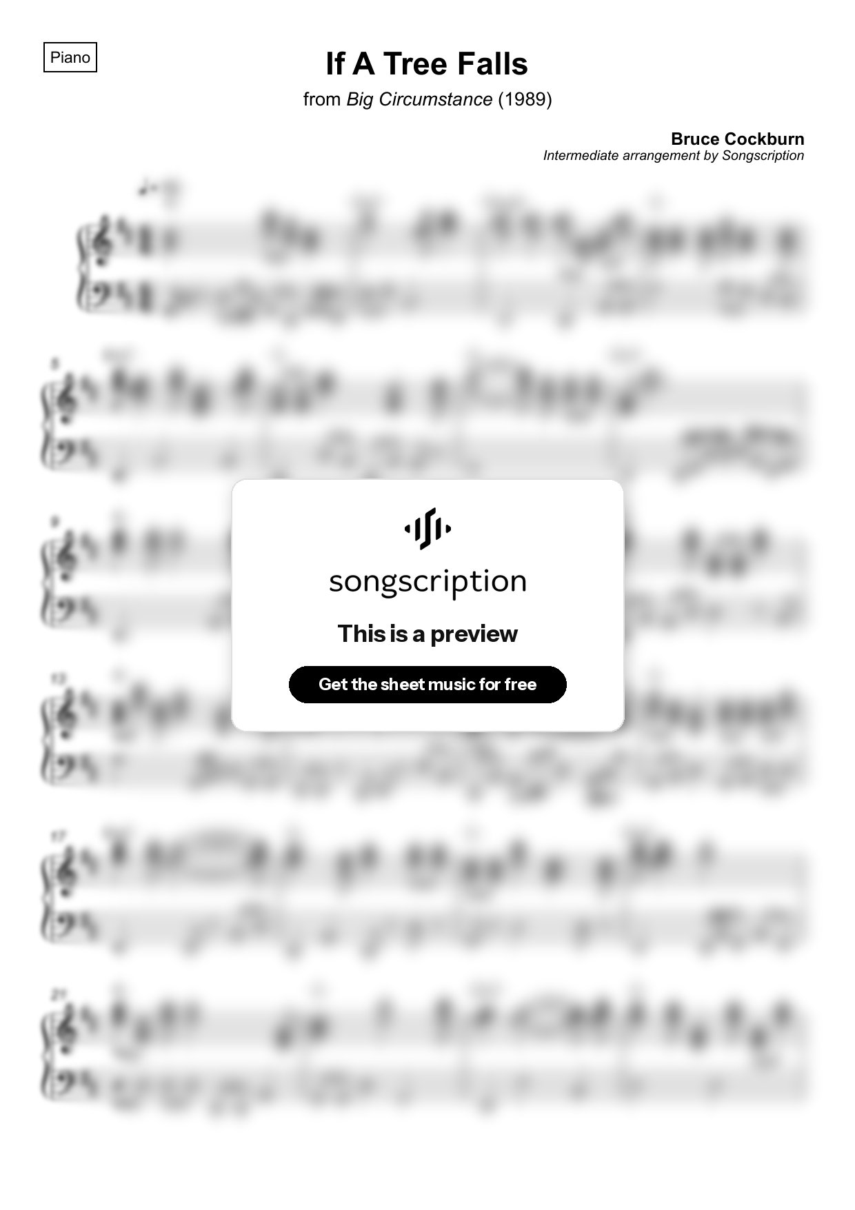 Intermediate Piano Sheet Music for "If A Tree Falls" by Bruce Cockburn
