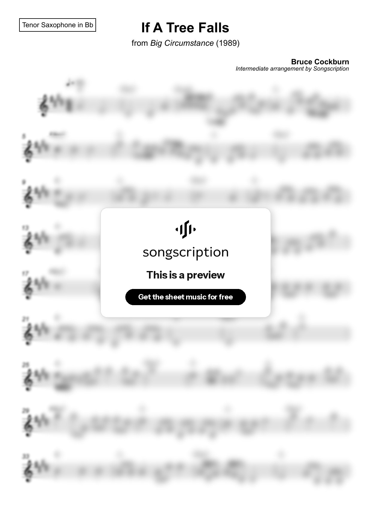 Intermediate Tenor Sax Sheet Music for "If A Tree Falls" by Bruce Cockburn