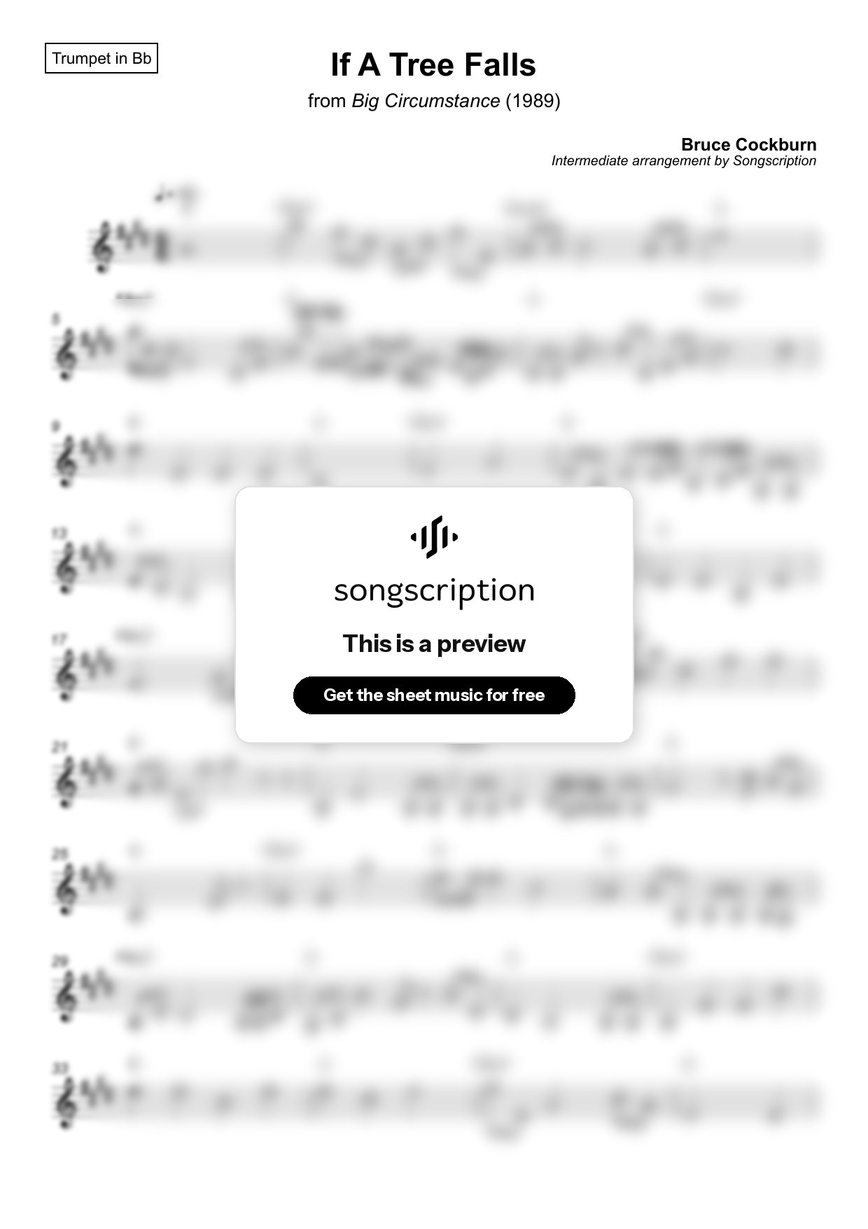 Intermediate Trumpet Sheet Music for "If A Tree Falls" by Bruce Cockburn