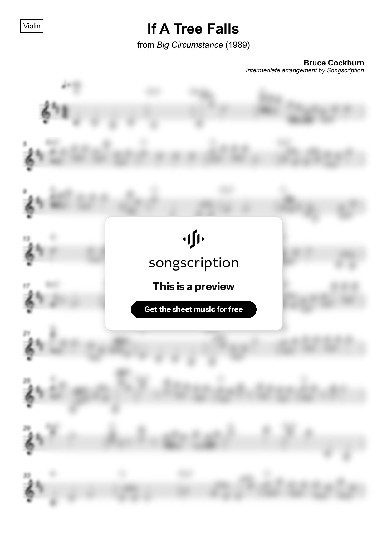 Intermediate Violin Sheet Music for "If A Tree Falls" by Bruce Cockburn