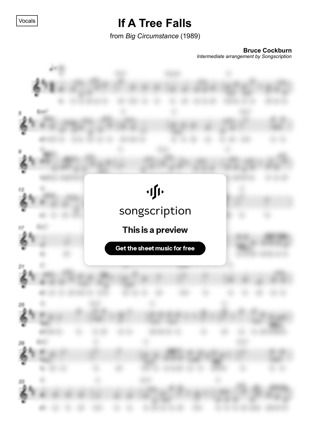 Intermediate Vocals Sheet Music for "If A Tree Falls" by Bruce Cockburn