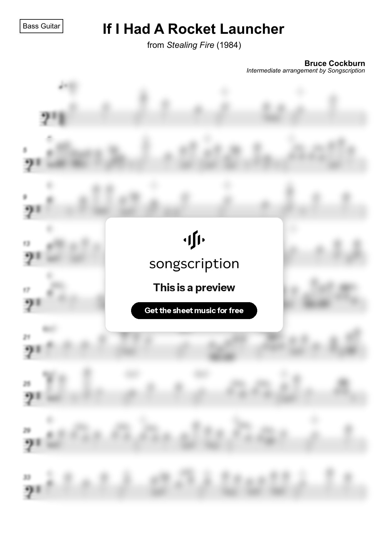 Intermediate Bass Guitar Sheet Music for "If I Had A Rocket Launcher" by Bruce Cockburn