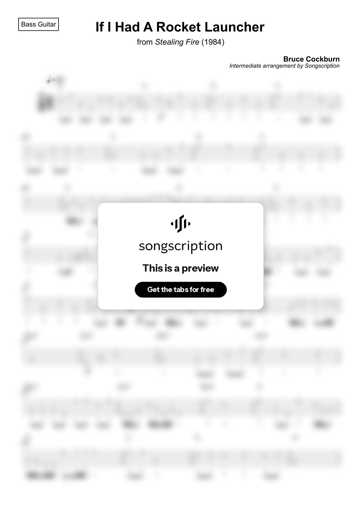 Intermediate Bass Guitar Tabs for "If I Had A Rocket Launcher" by Bruce Cockburn