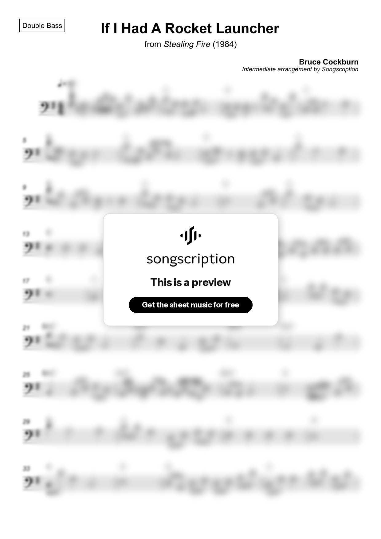 Intermediate Double Bass Sheet Music for "If I Had A Rocket Launcher" by Bruce Cockburn