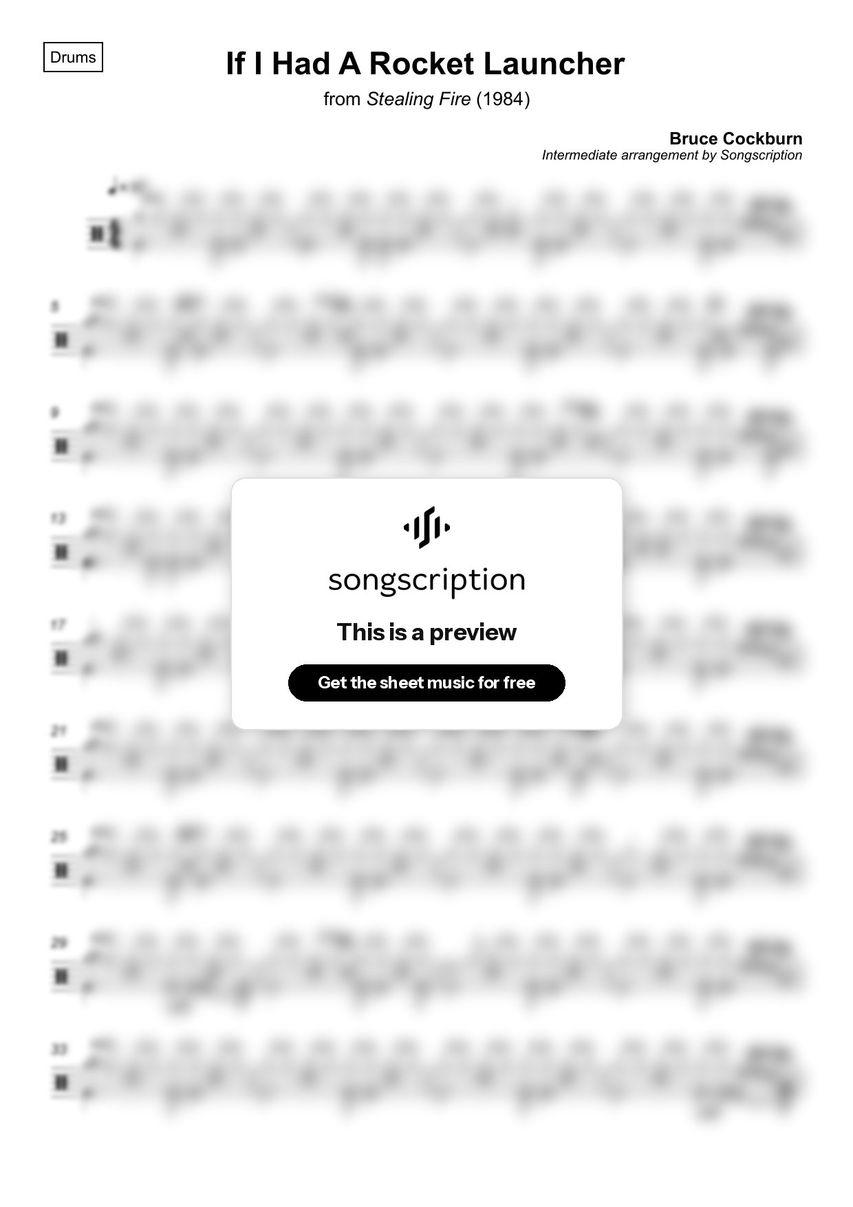 Intermediate Drums Sheet Music for "If I Had A Rocket Launcher" by Bruce Cockburn