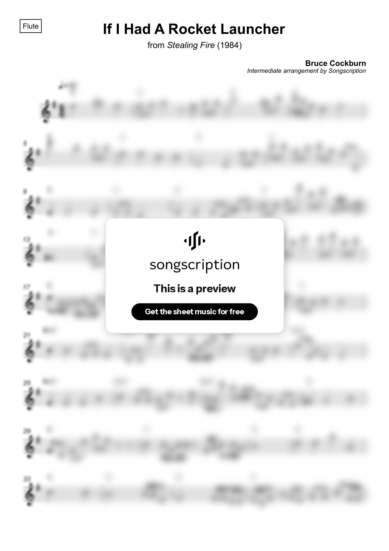 Intermediate Flute Sheet Music for "If I Had A Rocket Launcher" by Bruce Cockburn
