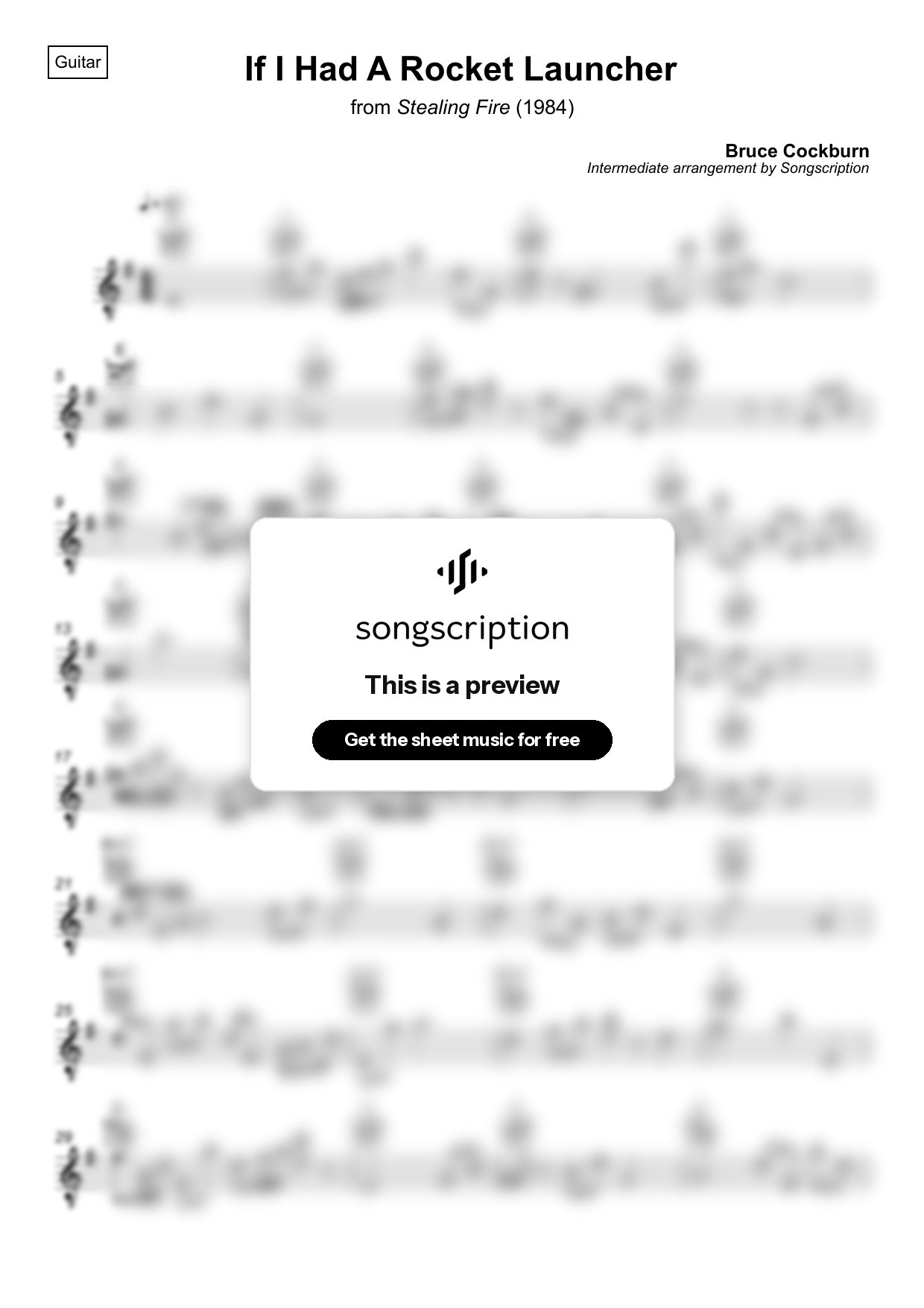 Intermediate Acoustic Guitar Sheet Music for "If I Had A Rocket Launcher" by Bruce Cockburn