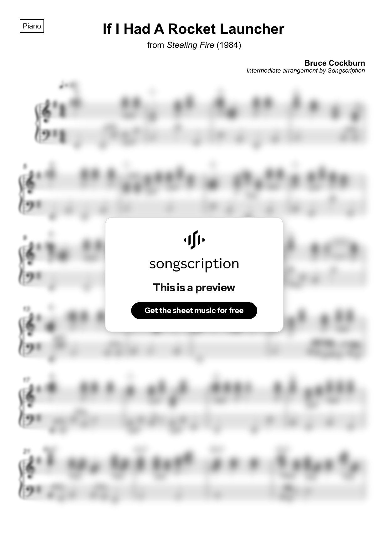 Intermediate Piano Sheet Music for "If I Had A Rocket Launcher" by Bruce Cockburn