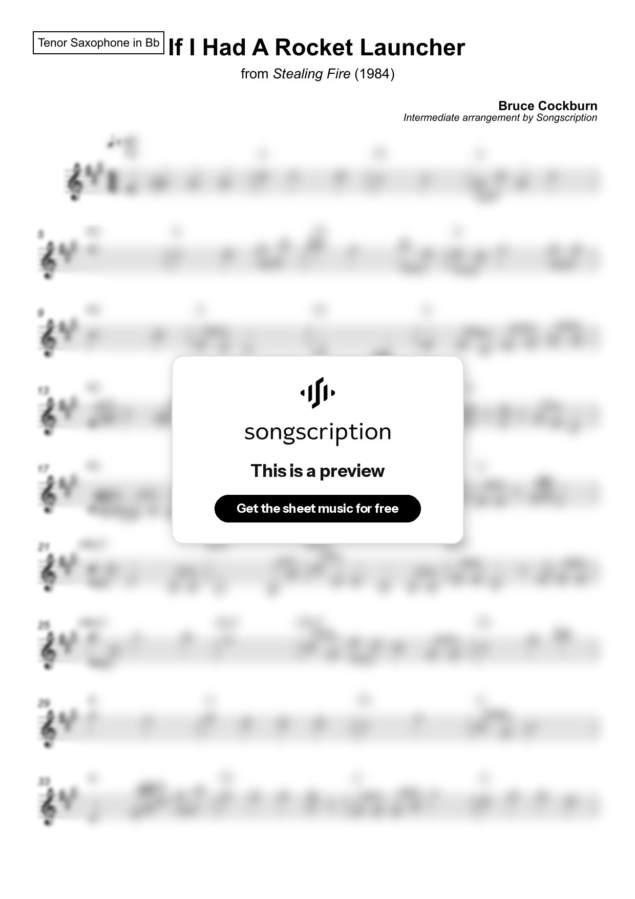 Intermediate Tenor Sax Sheet Music for "If I Had A Rocket Launcher" by Bruce Cockburn