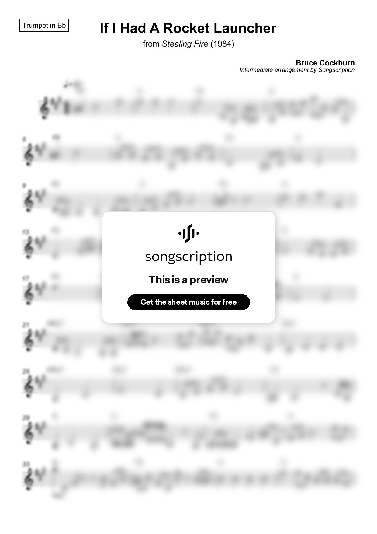 Intermediate Trumpet Sheet Music for "If I Had A Rocket Launcher" by Bruce Cockburn
